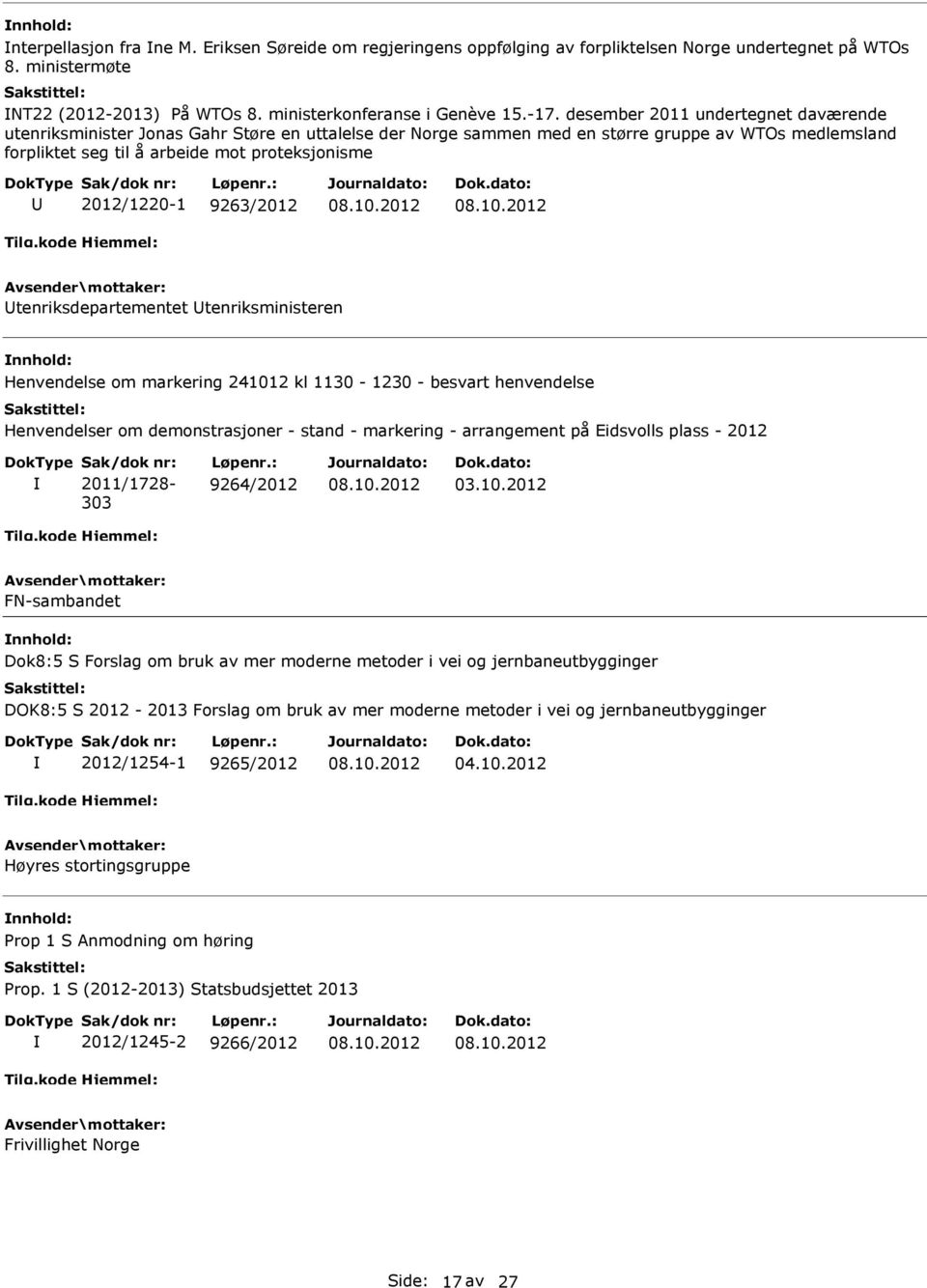 2012/1220-1 9263/2012 tenriksdepartementet tenriksministeren Henvendelse om markering 241012 kl 1130-1230 - besvart henvendelse Henvendelser om demonstrasjoner - stand - markering - arrangement på