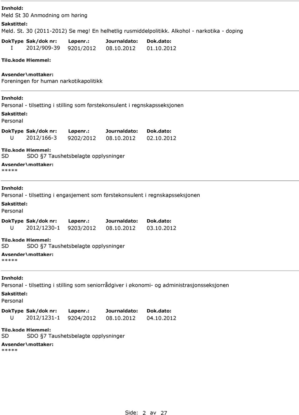 2012 O 7 Taushetsbelagte opplysninger ***** Personal - tilsetting i engasjement som førstekonsulent i regnskapsseksjonen Personal 2012/1230-1 9203/2012 03.10.