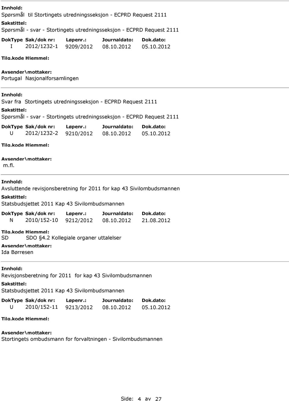 Avsluttende revisjonsberetning for 2011 for kap 43 Sivilombudsmannen Statsbudsjettet 2011 Kap 43 Sivilombudsmannen N 2010/152-10 9212/2012 21.08.2012 O 4.