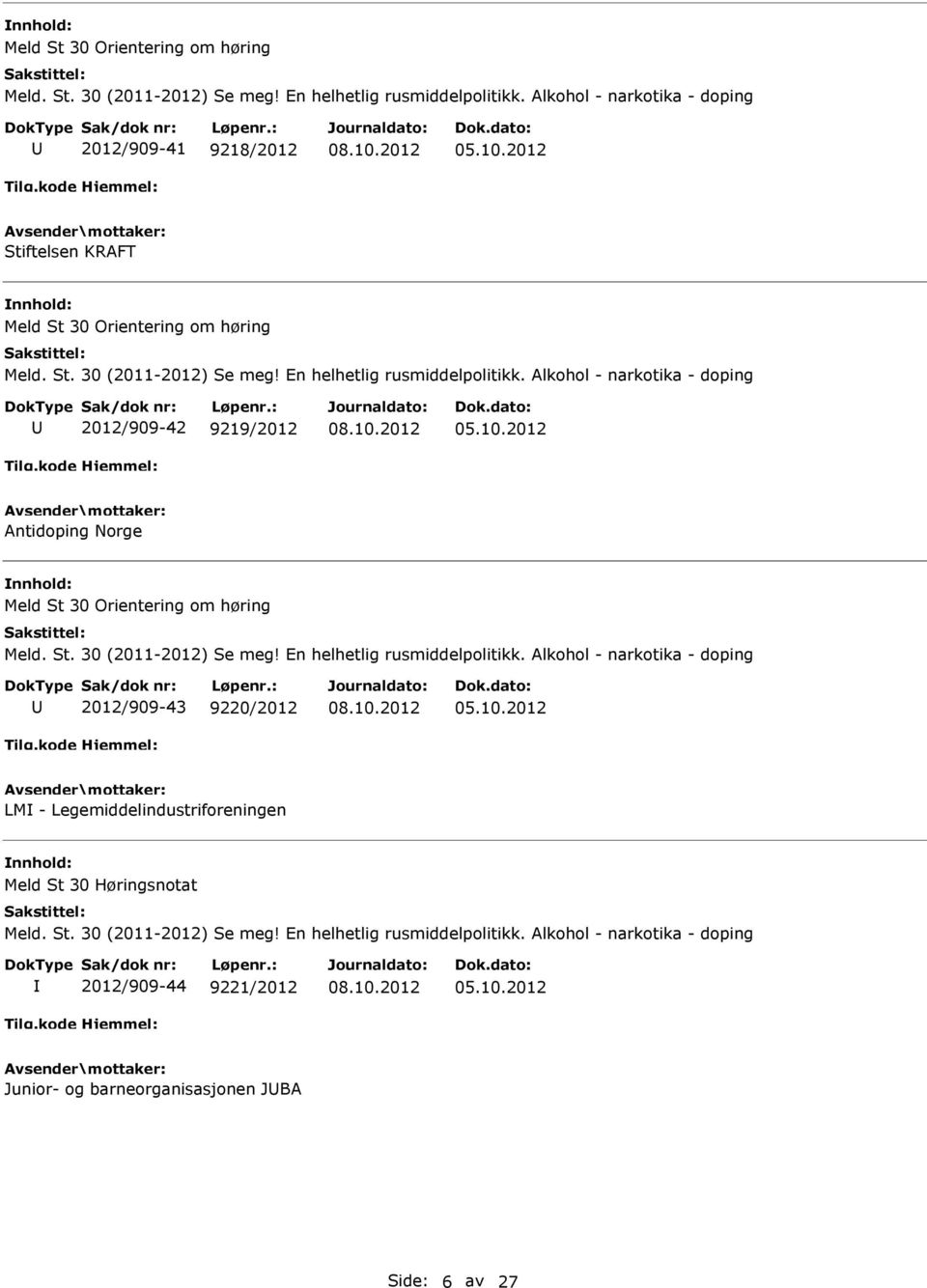 2012/909-43 9220/2012 LM - Legemiddelindustriforeningen Meld St 30 Høringsnotat Meld. St. 30 (2011-2012) Se meg! En helhetlig rusmiddelpolitikk.