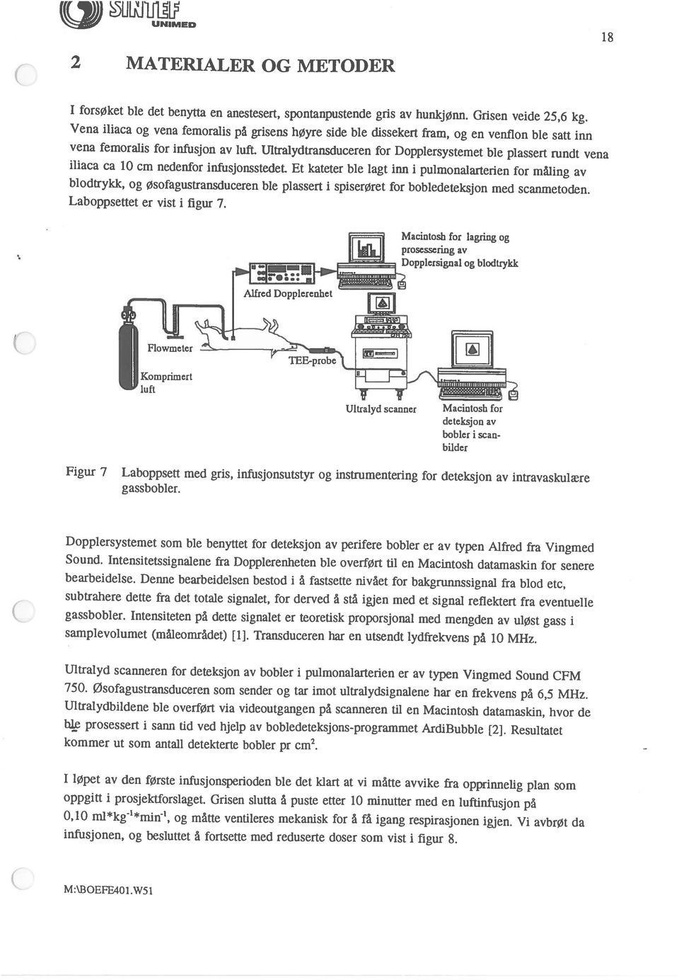 Et kateter ble lagt inn i pulmonalarterien for måling av blodtrykk, og Øsofagustransduceren ble plassert i spiserøret for bobledeteksjon med scanmetocien. Laboppsettet er vist i figur 7.