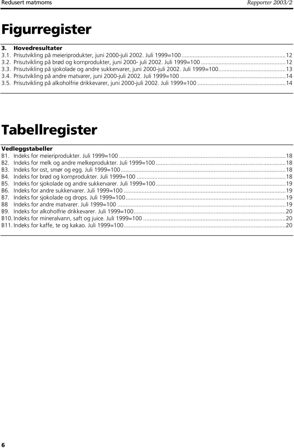 Prisutvikling på alkoholfrie drikkevarer, juni 2000-juli 2002. 1999=100...14 Tabellregister Vedleggstabeller B1. Indeks for meieriprodukter. 1999=100...18 B2. Indeks for melk og andre melkeprodukter.