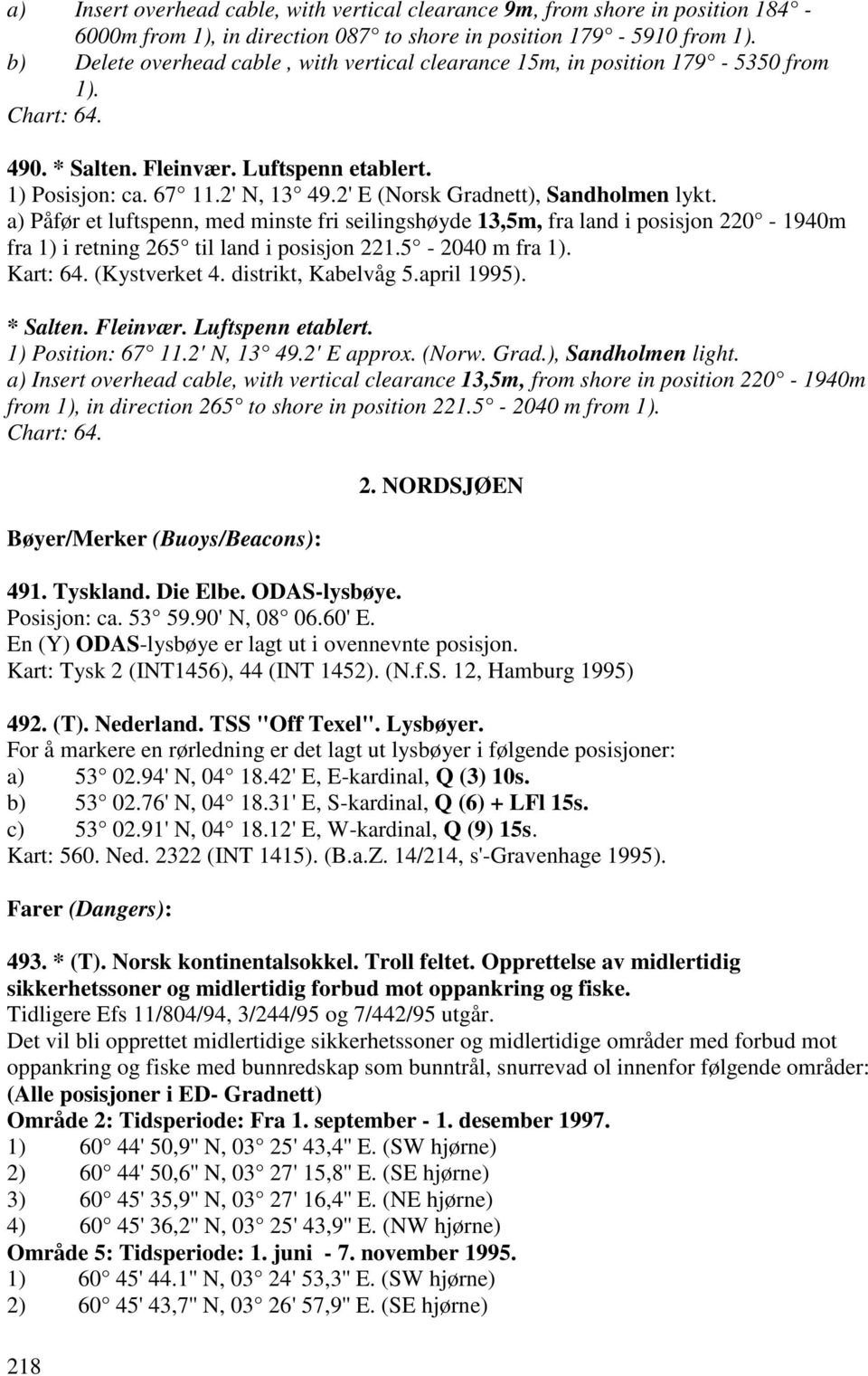 2' E (Norsk Gradnett), Sandholmen lykt. a) Påfør et luftspenn, med minste fri seilingshøyde 13,5m, fra land i posisjon 220-1940m fra 1) i retning 265 til land i posisjon 221.5-2040 m fra 1). Kart: 64.