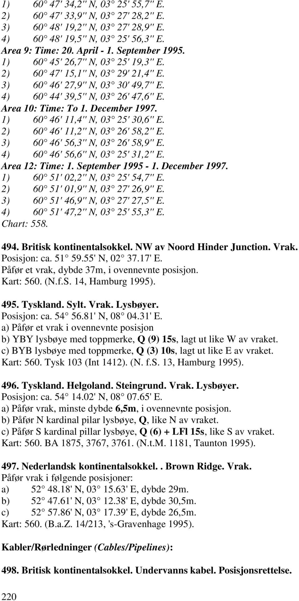 1) 60 46' 11,4'' N, 03 25' 30,6'' E. 2) 60 46' 11,2'' N, 03 26' 58,2'' E. 3) 60 46' 56,3'' N, 03 26' 58,9'' E. 4) 60 46' 56,6'' N, 03 25' 31,2'' E. Area 12: Time: 1. September 1995-1. December 1997.