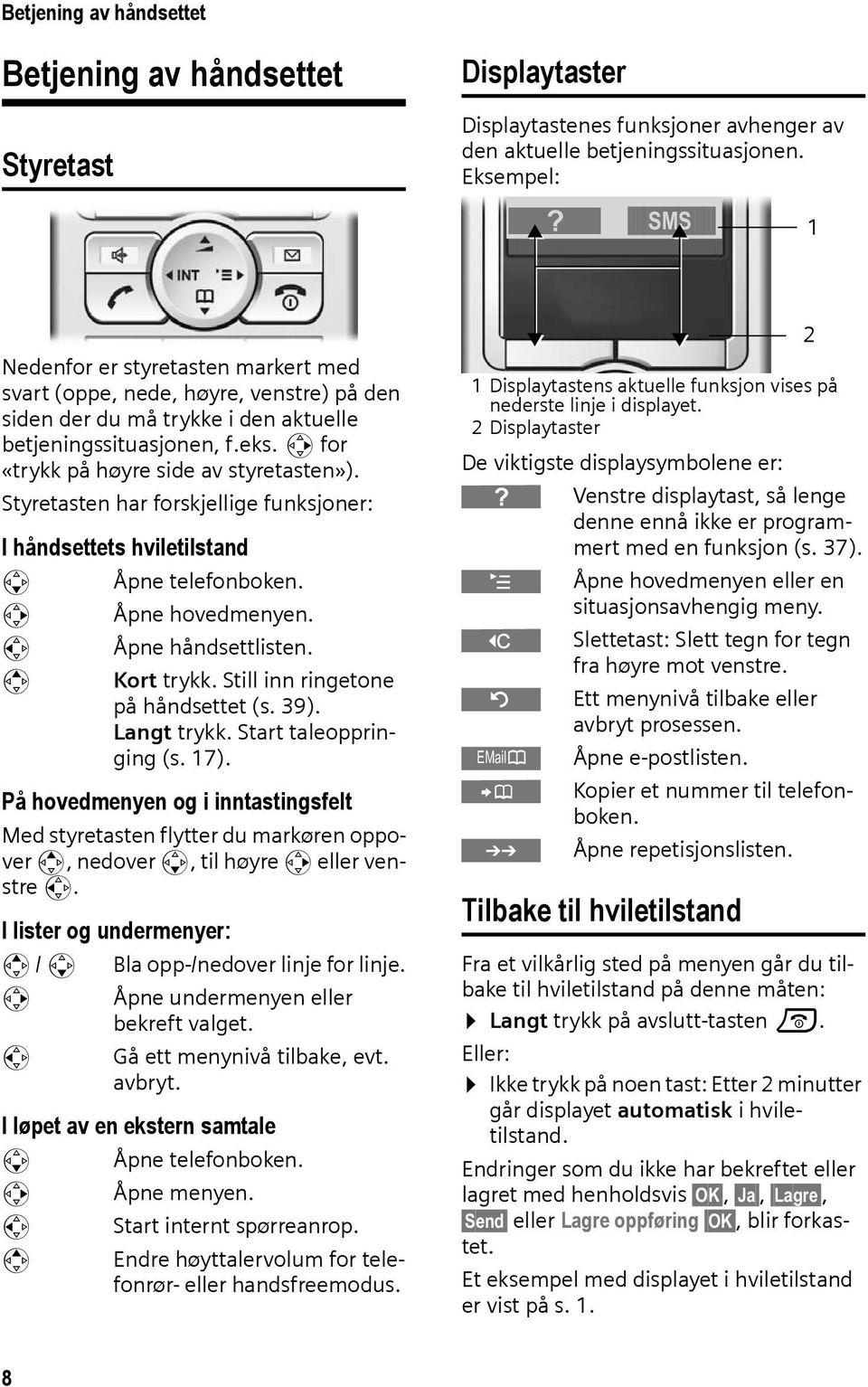 v for «trykk på høyre side av styretasten»). Styretasten har forskjellige funksjoner: I håndsettets hviletilstand s Åpne telefonboken. v Åpne hovedmenyen. u Åpne håndsettlisten. t Kort trykk.