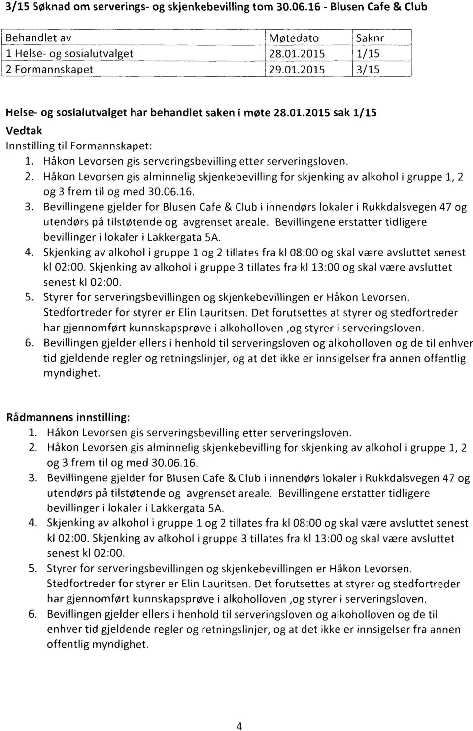 Håkon Levorsen gis alminnelig skjenkebevilling for skjenking av alkohol i gruppe 1, 2 og 3 frem til og med 30.06.16.