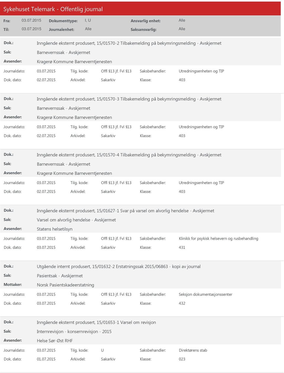 Barnevernssak - Kragerø Kommune Barneverntjenesten Utredningsenheten og TIP Inngående eksternt produsert, 15/01627-1 Svar på varsel om alvorlig hendelse - Varsel om alvorlig hendelse - Statens