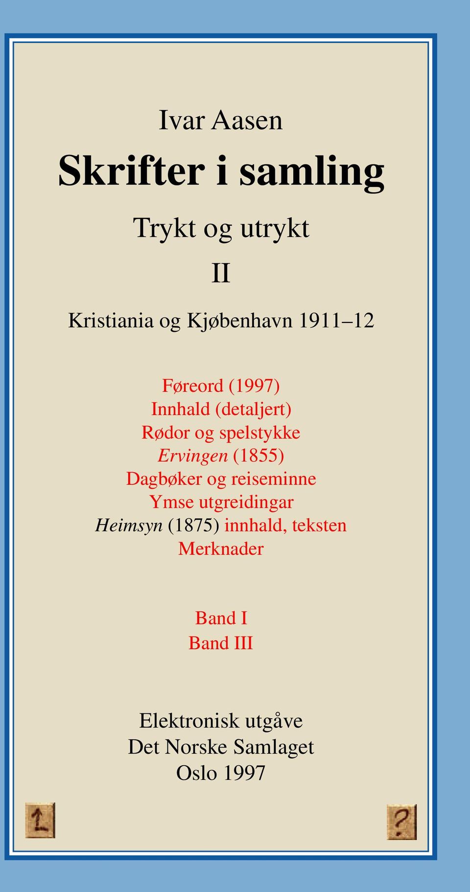 (1855) Dagbøker og reiseminne Ymse utgreidingar Heimsyn (1875) innhald,