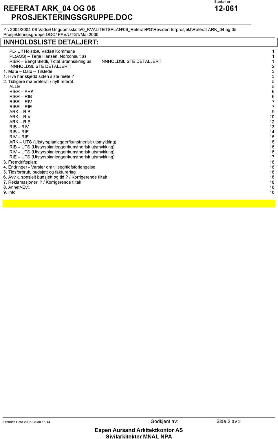 5 ALLE 5 RIBR ARK 6 RIBR RIB 6 RIBR RIV 7 RIBR RIE 7 ARK RIB 9 ARK RIV 10 ARK RIE 12 RIB RIV 13 RIB RIE 14 RIV RIE 15 ARK UTS (Utstyrsplanlegger/kunstnerisk utsmykking) 16 RIB UTS