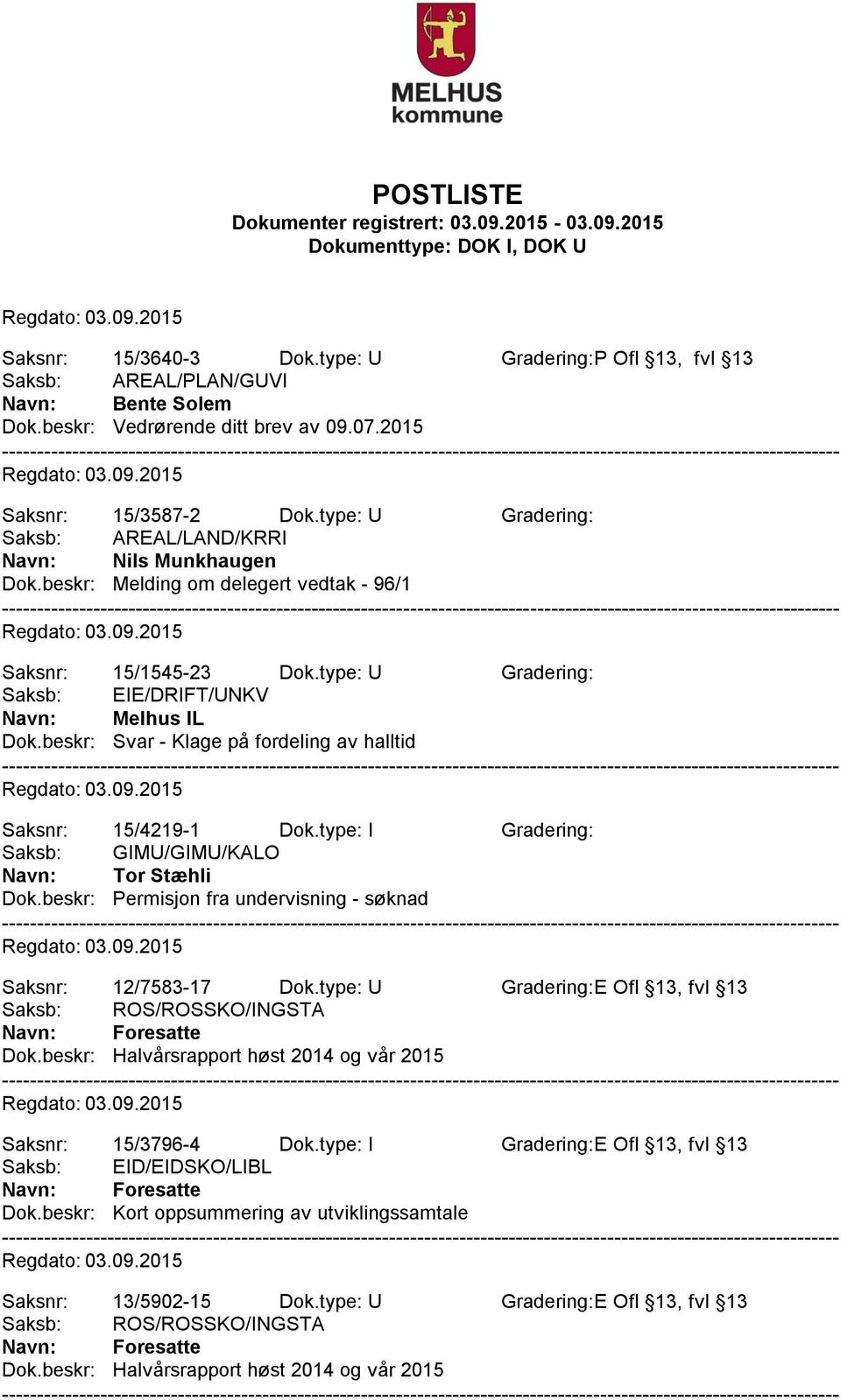 beskr: Svar - Klage på fordeling av halltid Saksnr: 15/4219-1 Dok.type: I Gradering: Saksb: GIMU/GIMU/KALO Navn: Tor Stæhli Dok.beskr: Permisjon fra undervisning - søknad Saksnr: 12/7583-17 Dok.