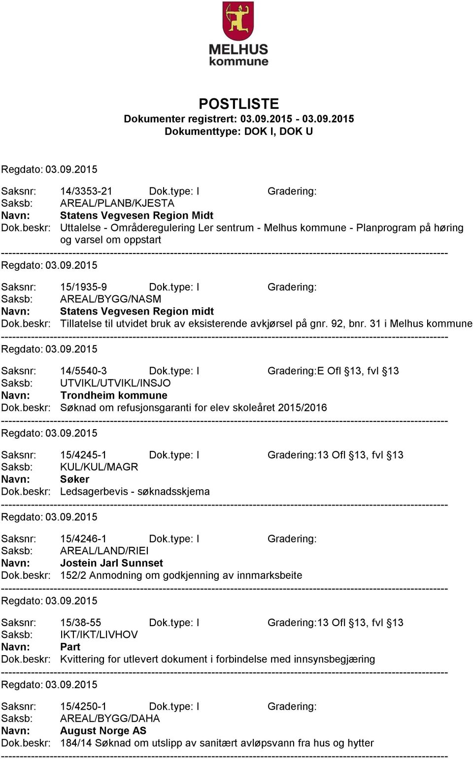 type: I Gradering: Saksb: AREAL/BYGG/NASM Navn: Statens Vegvesen Region midt Dok.beskr: Tillatelse til utvidet bruk av eksisterende avkjørsel på gnr. 92, bnr.