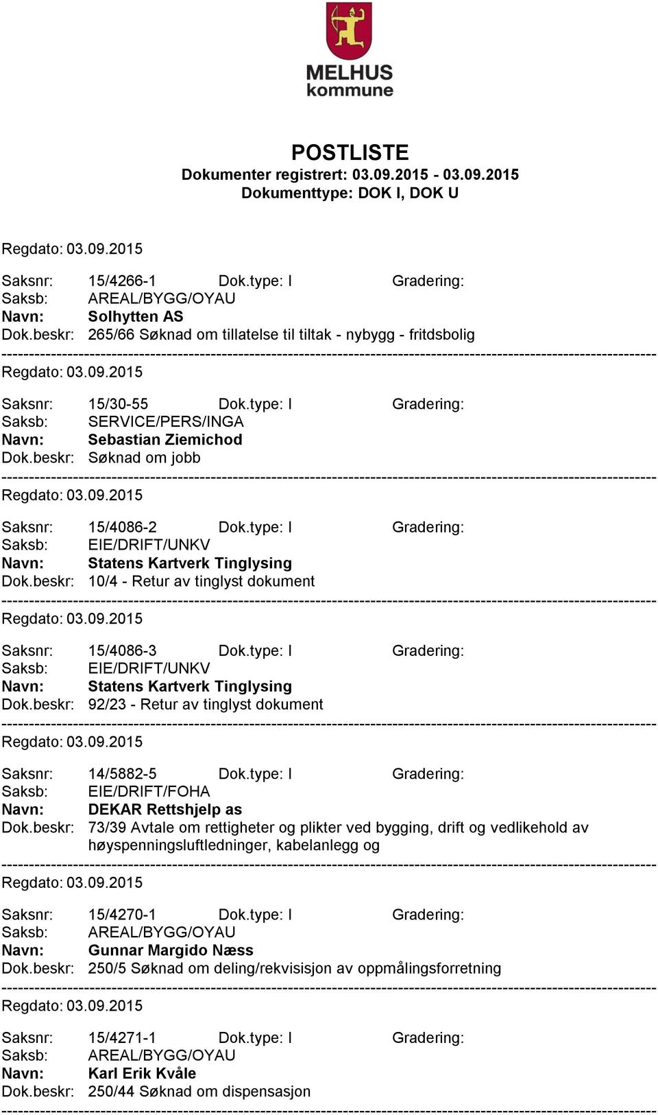 beskr: 10/4 - Retur av tinglyst dokument Saksnr: 15/4086-3 Dok.type: I Gradering: Saksb: EIE/DRIFT/UNKV Navn: Statens Kartverk Tinglysing Dok.