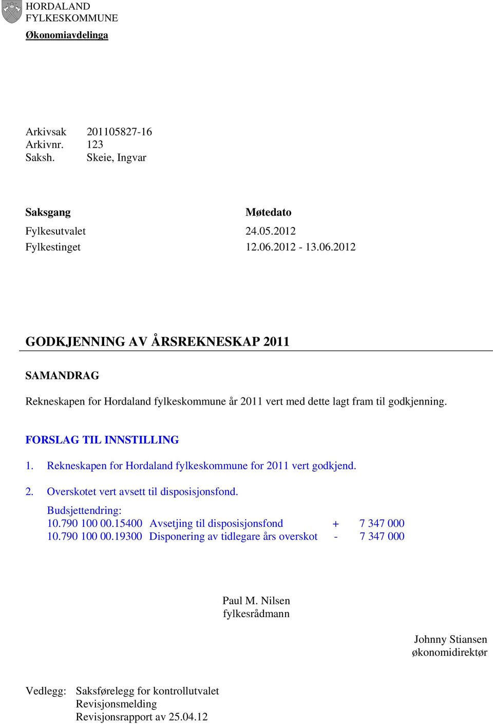 Rekneskapen for Hordaland fylkeskommune for 2011 vert godkjend. 2. Overskotet vert avsett til disposisjonsfond. Budsjettendring: 10.790 100 00.