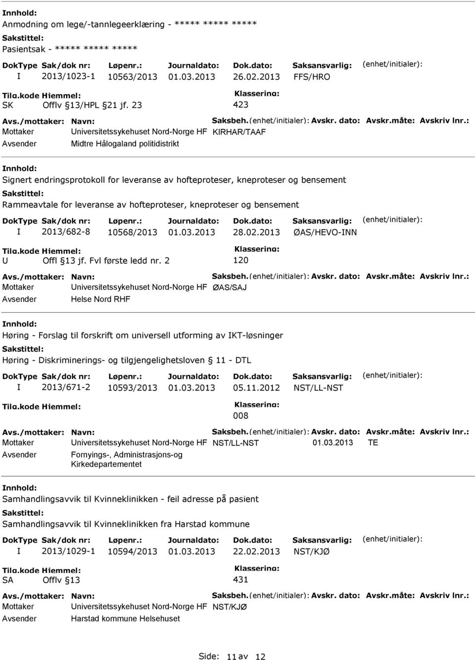 2013 Mottaker niversitetssykehuset Nord-Norge HF KRHAR/TAAF Midtre Hålogaland politidistrikt Signert endringsprotokoll for leveranse av hofteproteser, kneproteser og bensement Rammeavtale for