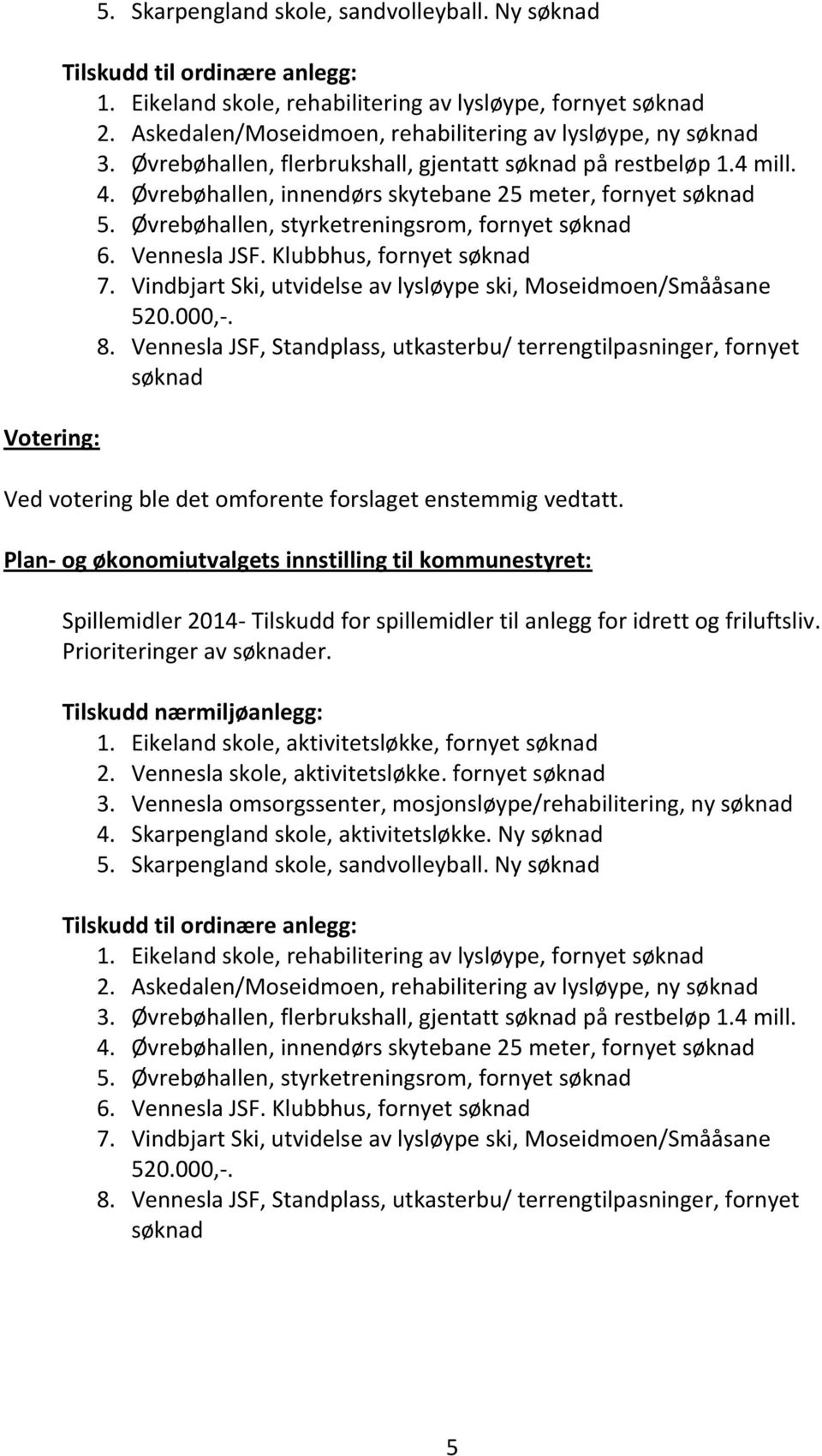 Øvrebøhallen, styrketreningsrom, fornyet søknad 6. Vennesla JSF. Klubbhus, fornyet søknad 7. Vindbjart Ski, utvidelse av lysløype ski, Moseidmoen/Smååsane 520.000,-. 8.