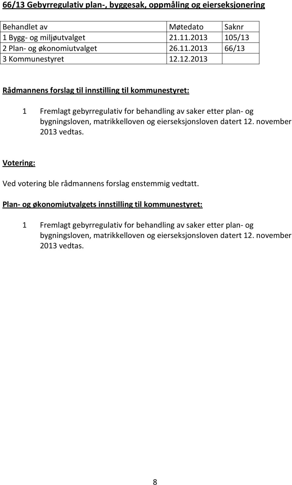 eierseksjonsloven datert 12. november 2013 vedtas. Votering: Ved votering ble rådmannens forslag enstemmig vedtatt.