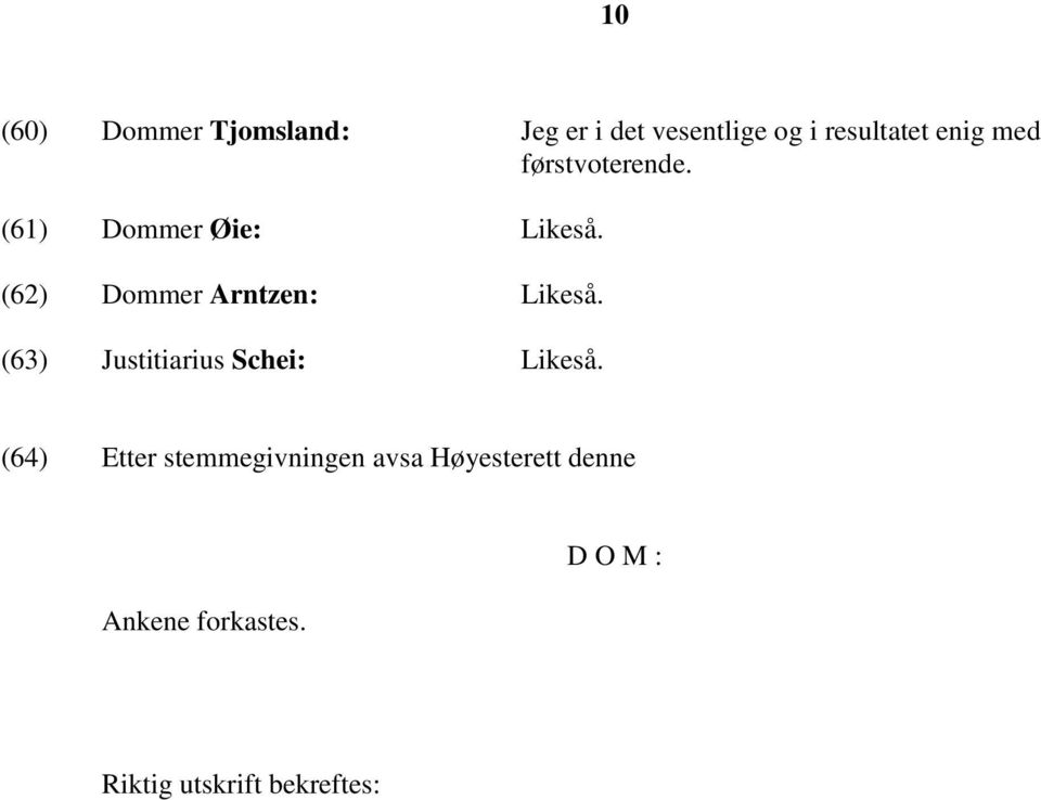 (62) Dommer Arntzen: Likeså. (63) Justitiarius Schei: Likeså.