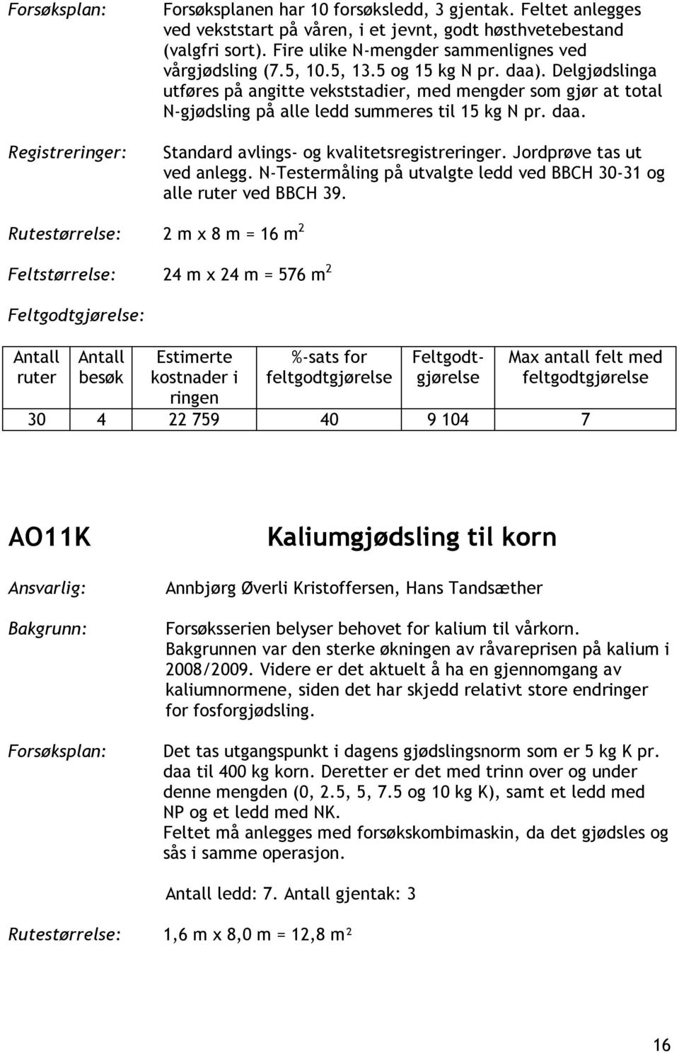 Delgjødslinga utføres på angitte vekststadier, med mengder som gjør at total N-gjødsling på alle ledd summeres til 15 kg N pr. daa. Standard avlings- og kvalitetsregistreringer.