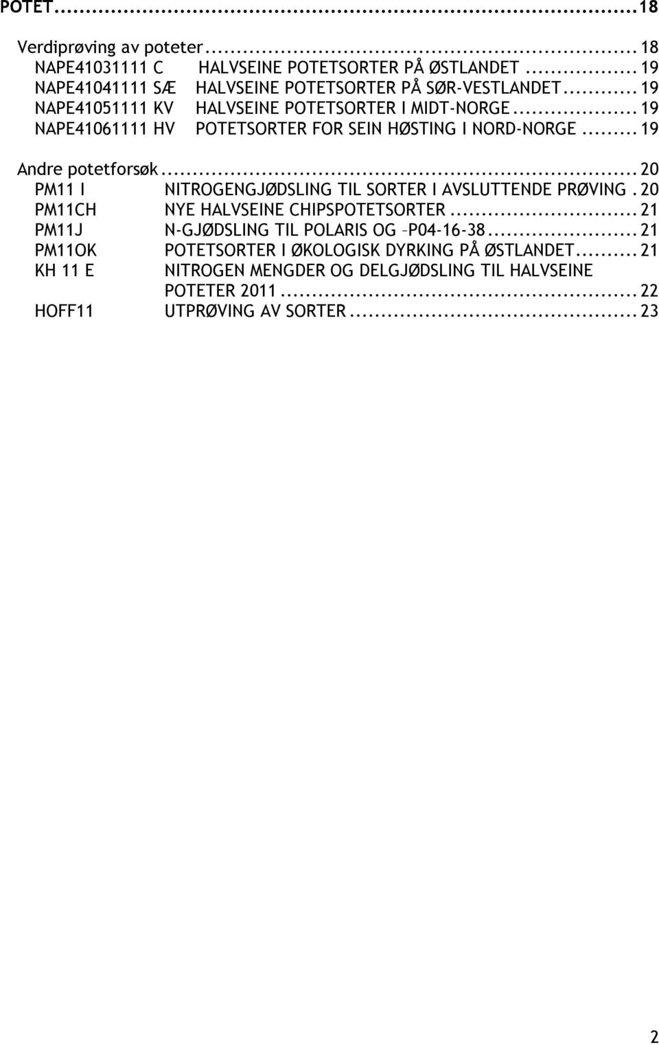 .. 20 PM11 I NITROGENGJØDSLING TIL SORTER I AVSLUTTENDE PRØVING. 20 PM11CH NYE HALVSEINE CHIPSPOTETSORTER... 21 PM11J N-GJØDSLING TIL POLARIS OG P04-16-38.