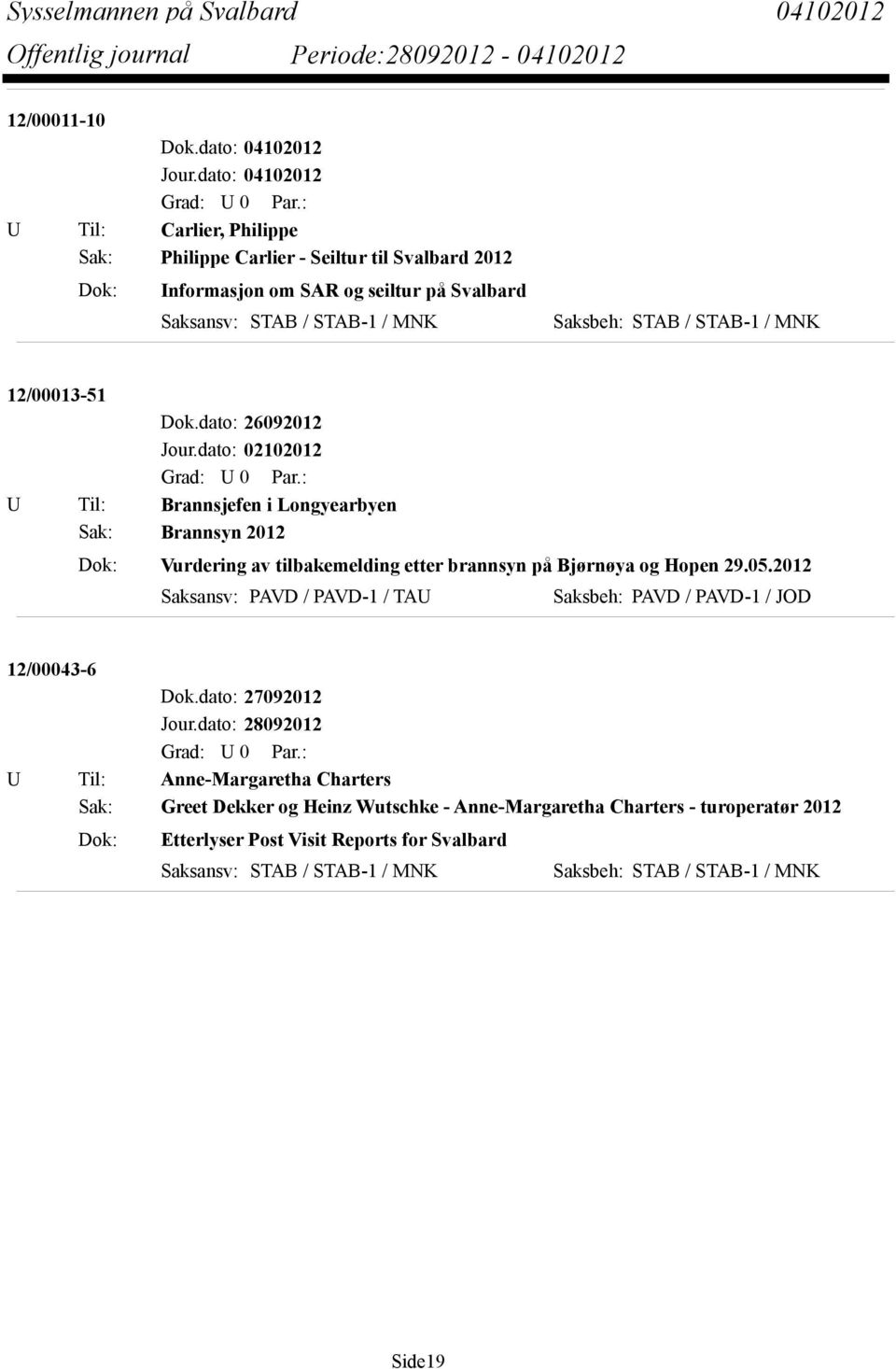 dato: 26092012 U Til: Brannsjefen i Longyearbyen Sak: Brannsyn 2012 Dok: Vurdering av tilbakemelding etter brannsyn på Bjørnøya og Hopen 29.05.