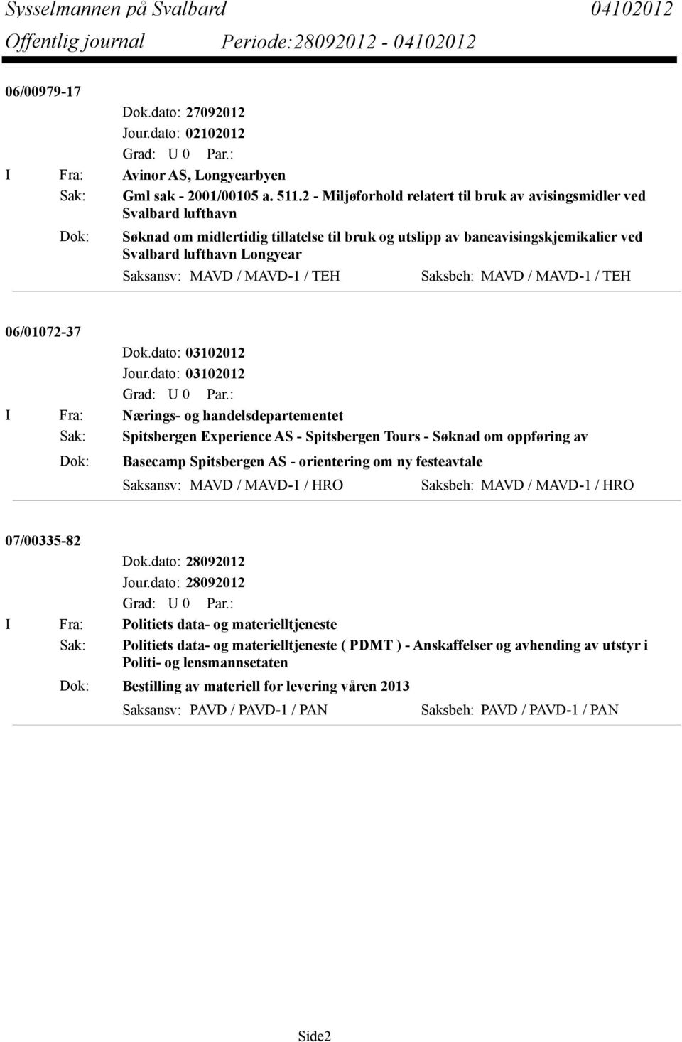 Saksansv: MAVD / MAVD-1 / TEH Saksbeh: MAVD / MAVD-1 / TEH 06/01072-37 Dok.dato: 03102012 Jour.