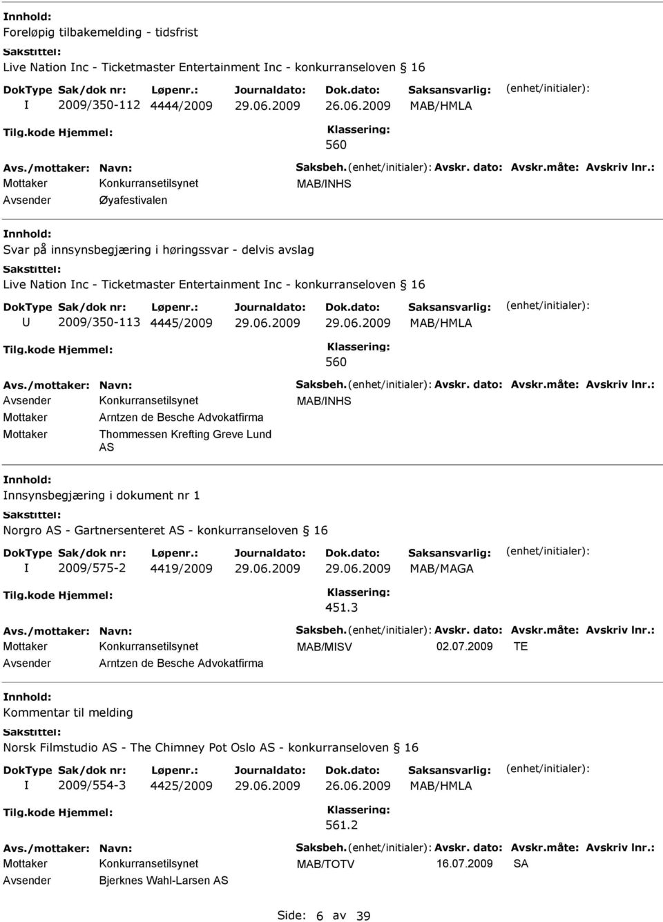 560 MAB/NHS Arntzen de Besche Advokatfirma Thommessen Krefting Greve Lund AS nnsynsbegjæring i dokument nr 1 Norgro AS - Gartnersenteret AS - konkurranseloven 16 2009/575-2 4419/2009 451.