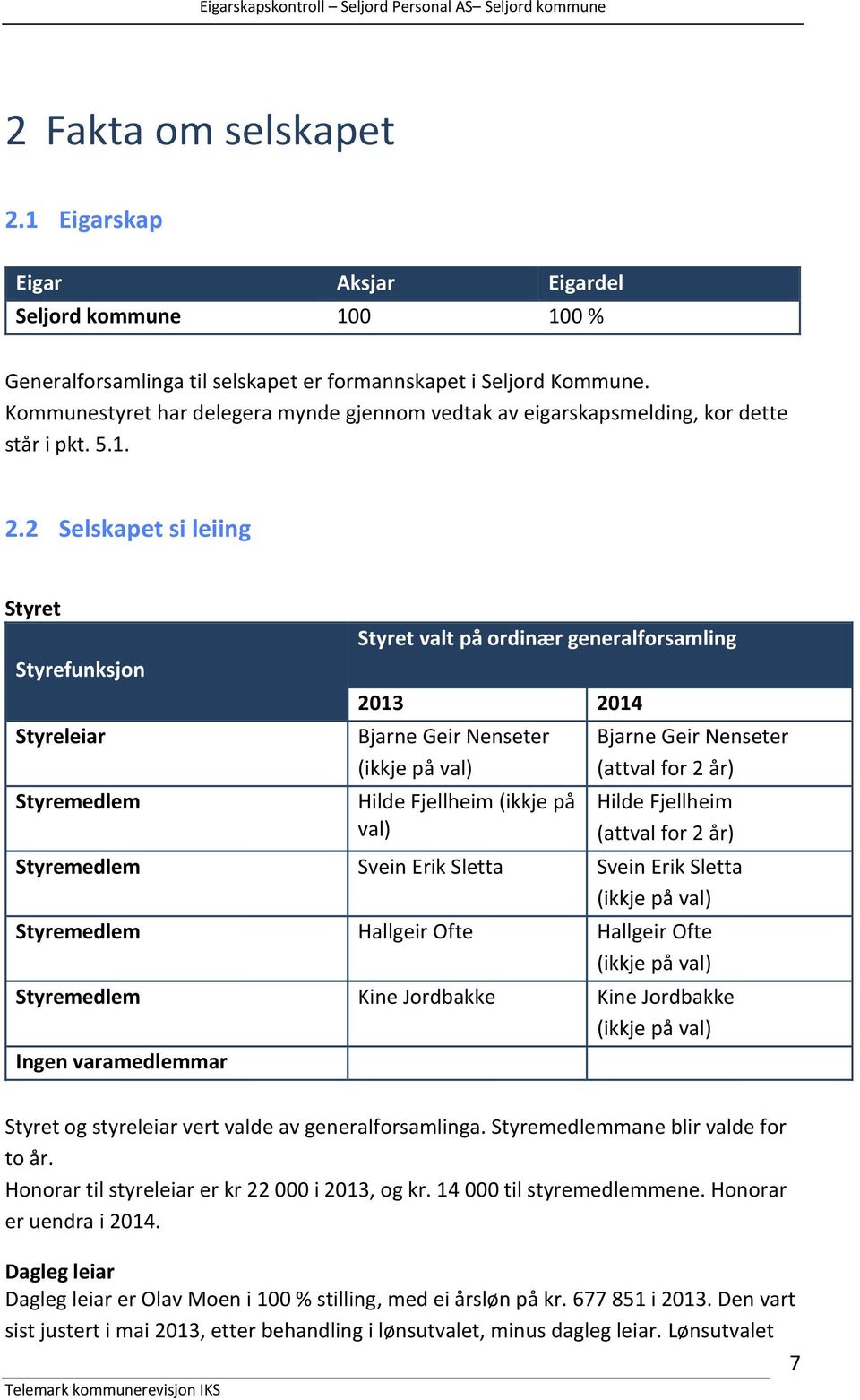 2 Selskapet si leiing Styret Styrefunksjon Styreleiar Styremedlem Styret valt på ordinær generalforsamling 2013 2014 Bjarne Geir Nenseter (ikkje på val) Hilde Fjellheim (ikkje på val) Bjarne Geir