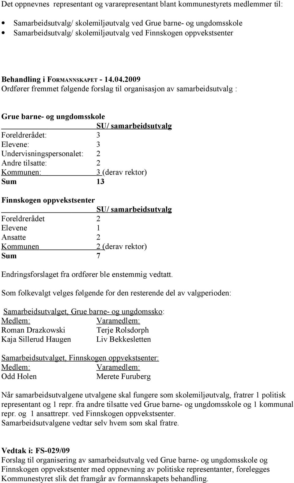 2009 Ordfører fremmet følgende forslag til organisasjon av samarbeidsutvalg : Grue barne- og ungdomsskole SU/ samarbeidsutvalg Foreldrerådet: 3 Elevene: 3 Undervisningspersonalet: 2 Andre tilsatte: 2