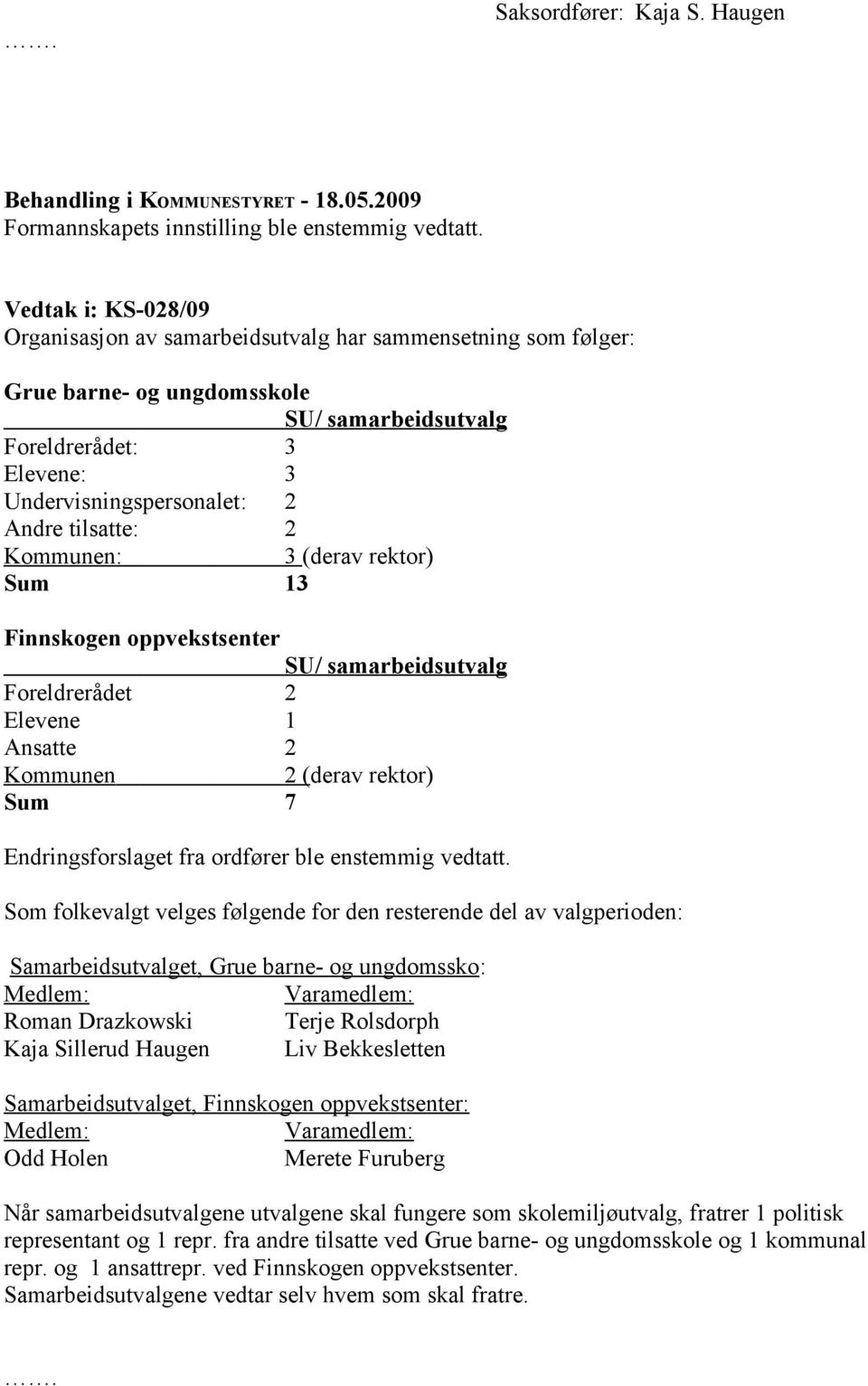 tilsatte: 2 Kommunen: 3 (derav rektor) Sum 13 Finnskogen oppvekstsenter SU/ samarbeidsutvalg Foreldrerådet 2 Elevene 1 Ansatte 2 Kommunen 2 (derav rektor) Sum 7 Endringsforslaget fra ordfører ble