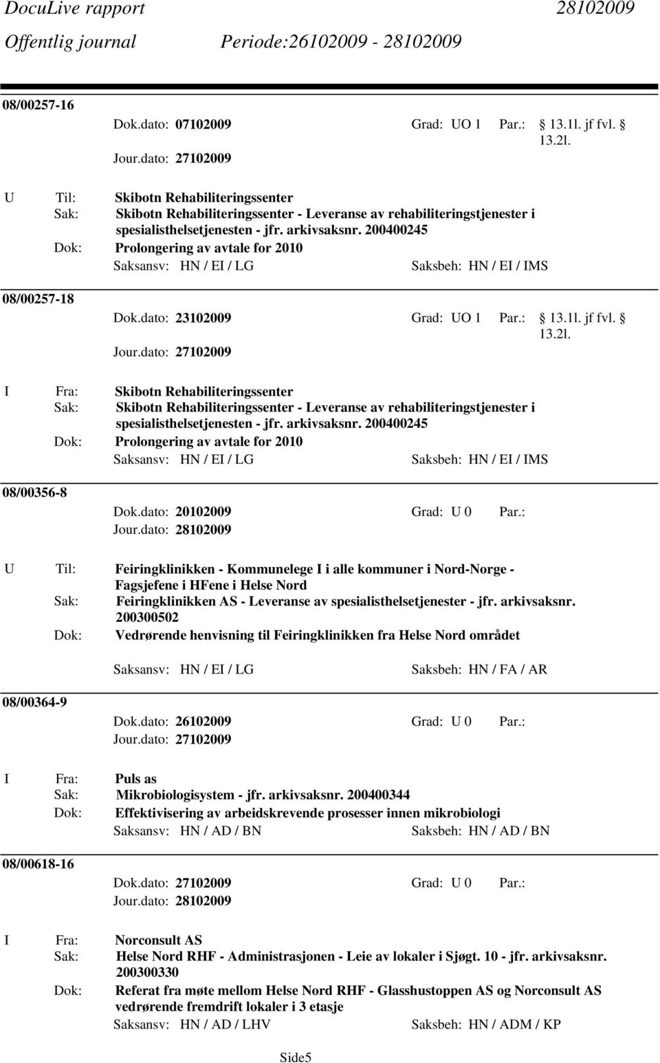 200400245 Prolongering av avtale for 2010 Saksansv: HN / E / LG Saksbeh: HN / E / MS 08/00257-18 Dok.dato: 23102009 Grad: UO 1 Par.: jf fvl. 13.2l.