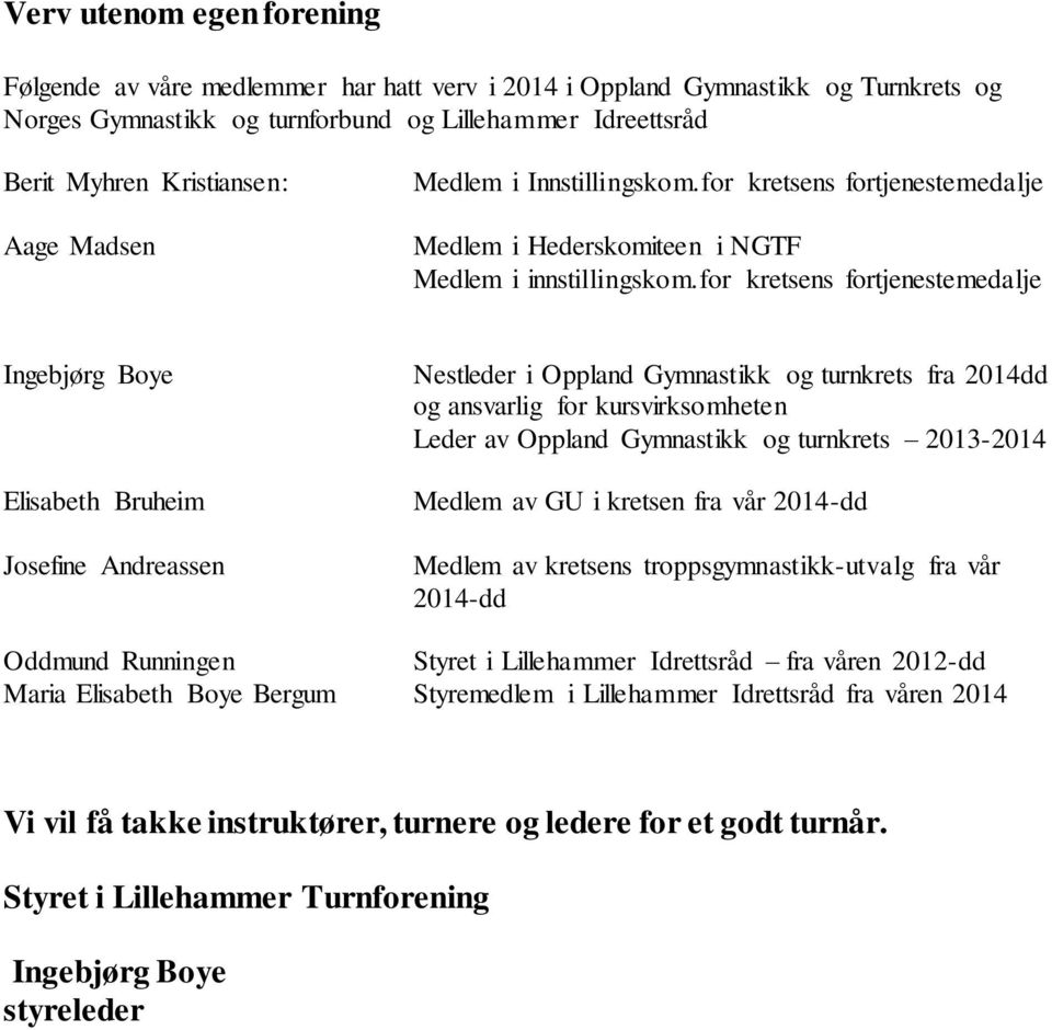 for kretsens fortjenestemedalje Ingebjørg Boye Elisabeth Bruheim Josefine Andreassen Nestleder i Oppland Gymnastikk og turnkrets fra 2014dd og ansvarlig for kursvirksomheten Leder av Oppland