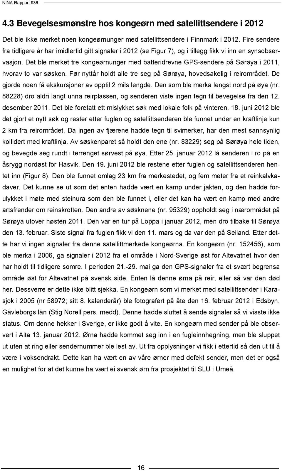 Det ble merket tre kongeørnunger med batteridrevne GPS-sendere på Sørøya i 2011, hvorav to var søsken. Før nyttår holdt alle tre seg på Sørøya, hovedsakelig i reirområdet.