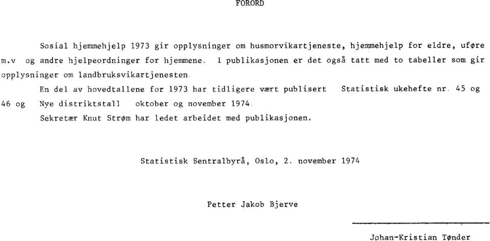 landbruksvikartjenesten En del av hovedtallene for 1973 har tidligere vært publisert Statistisk ukehefte nr,45 og 46 og Nye