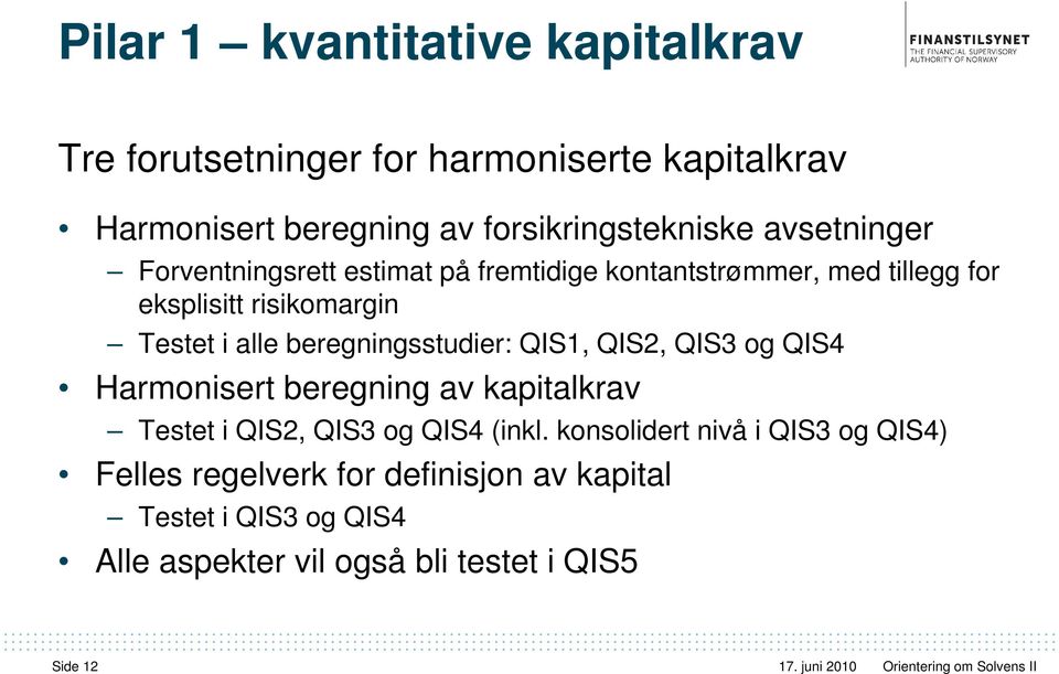 beregningsstudier: QIS1, QIS2, QIS3 og QIS4 Harmonisert beregning av kapitalkrav Testet i QIS2, QIS3 og QIS4 (inkl.