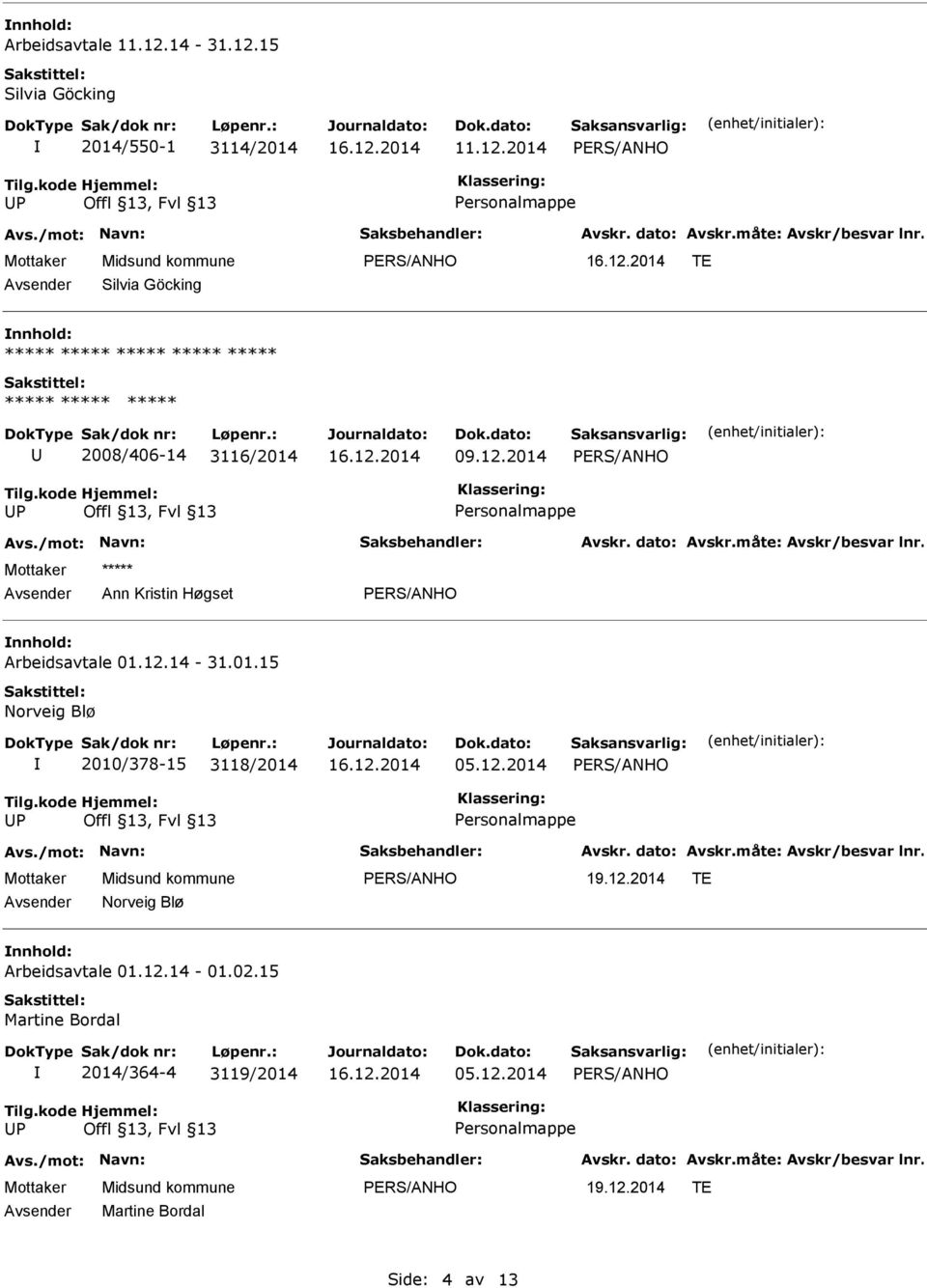 12.2014 P Personalmappe TE Norveig Blø nnhold: Arbeidsavtale 01.12.14-01.02.