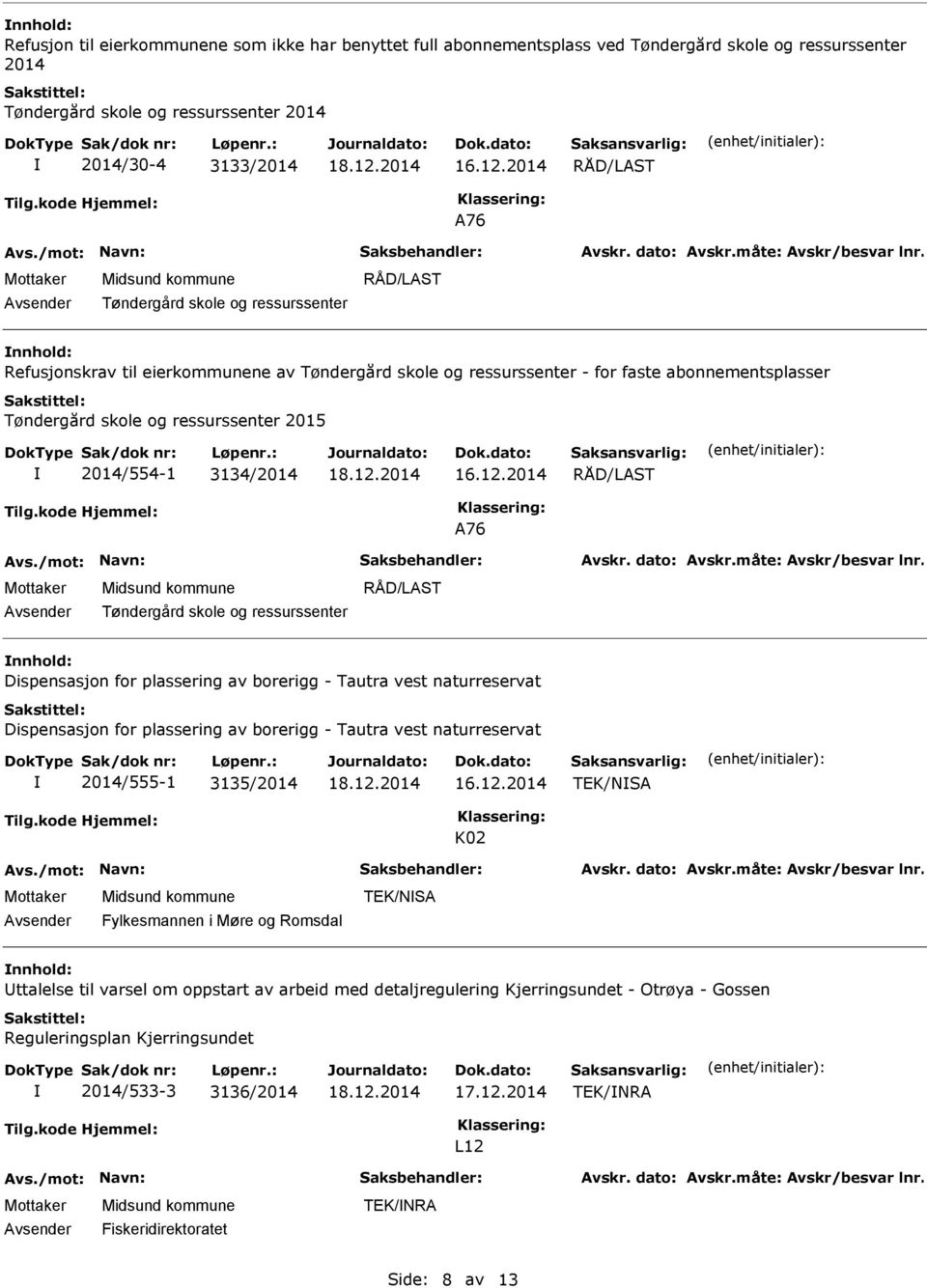 Tøndergård skole og ressurssenter nnhold: Dispensasjon for plassering av borerigg - Tautra vest naturreservat Dispensasjon for plassering av borerigg - Tautra vest naturreservat 2014/555-1 3135/2014