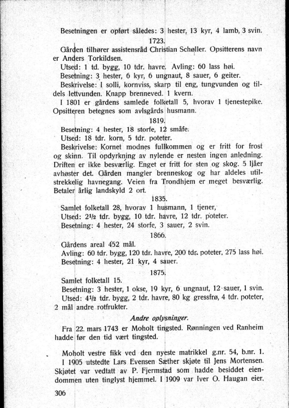 1801 er gardens samlede folkttall 5 hvorav l tjenestepike. Opsittiren betegnes som avlsglrds husmann. 1819. Besetning: 4 hester 18 storfe 12 sml.!/!. Utsed: 18 tdr. korn 5 tdr. poteter.