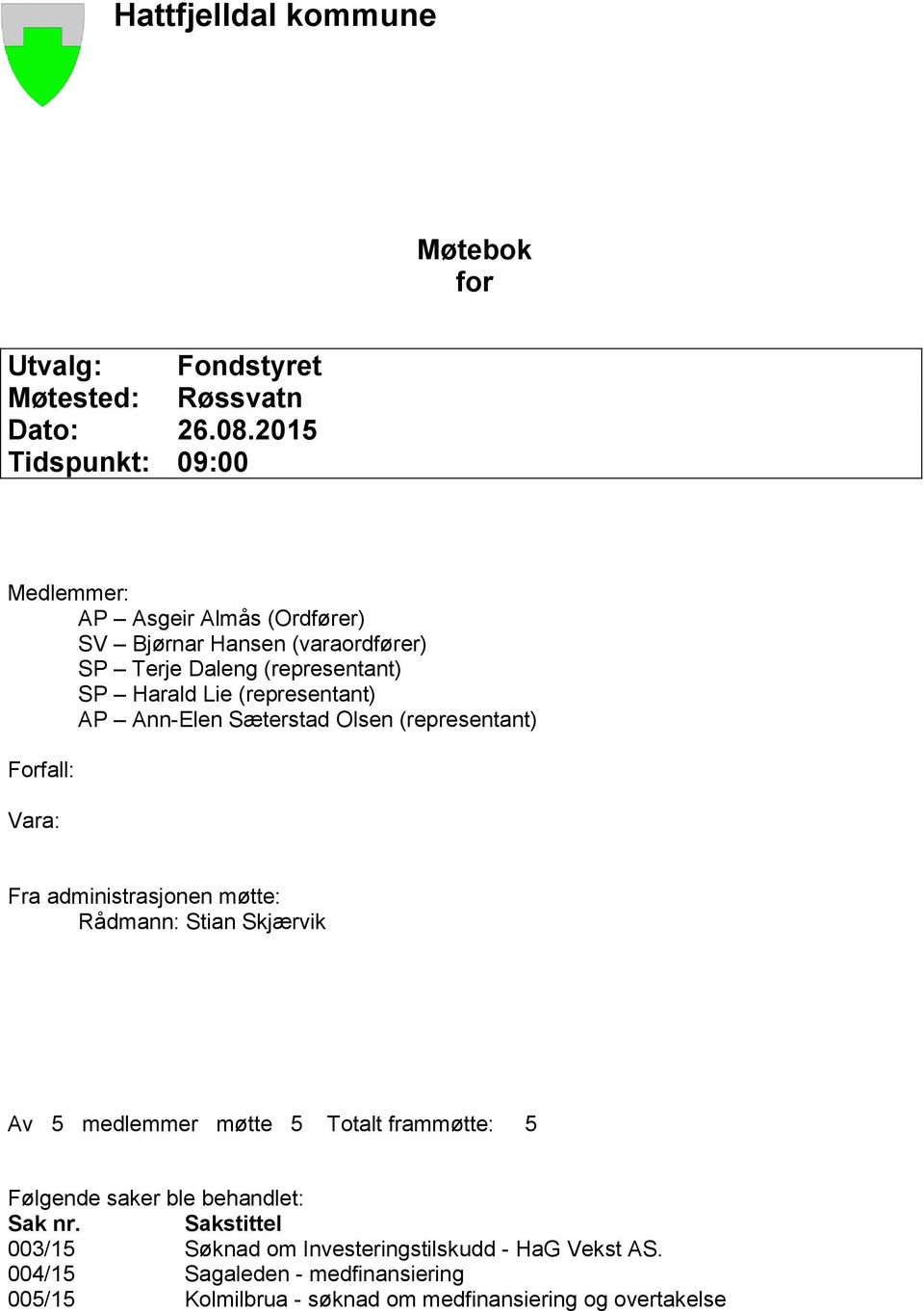 (representant) AP Ann-Elen Sæterstad Olsen (representant) Forfall: Vara: Fra administrasjonen møtte: Rådmann: Stian Skjærvik Av 5 medlemmer møtte