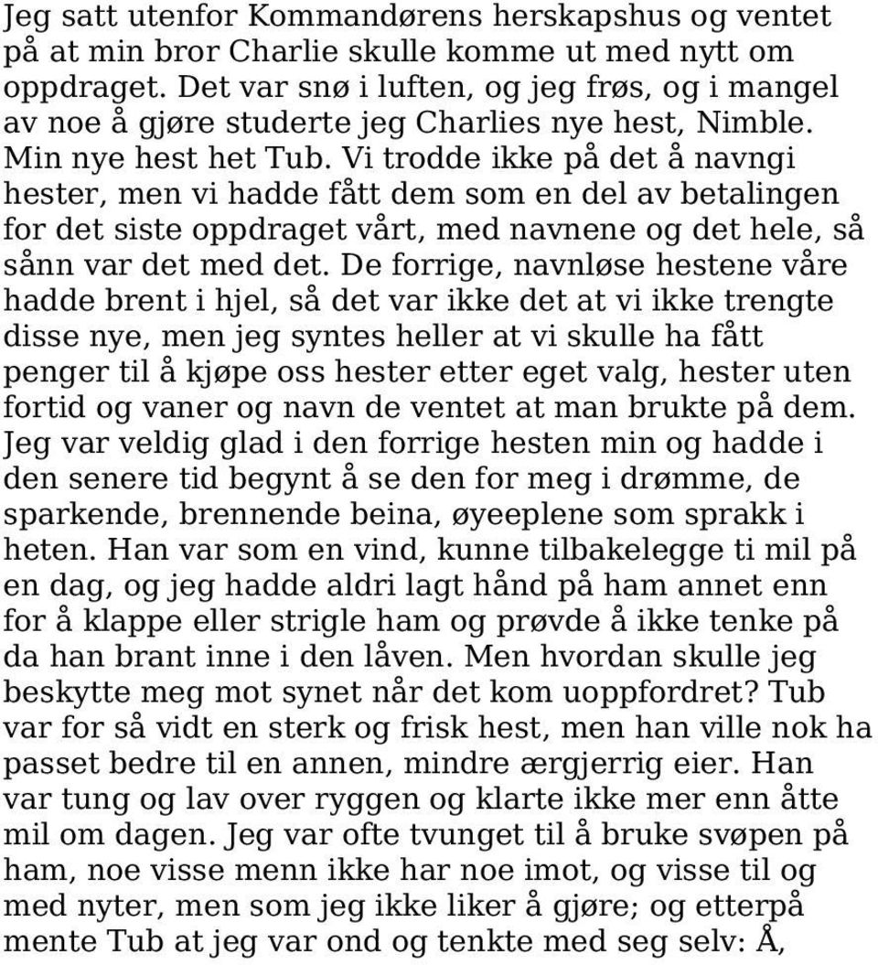 Vi trodde ikke på det å navngi hester, men vi hadde fått dem som en del av betalingen for det siste oppdraget vårt, med navnene og det hele, så sånn var det med det.