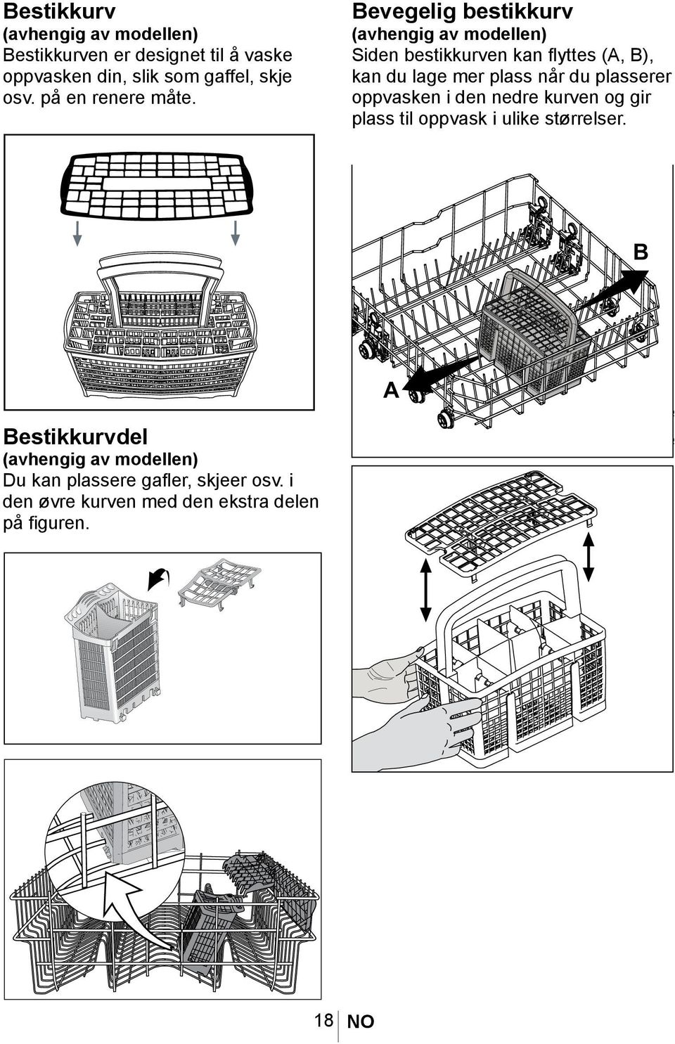 Siden bestikkurven kan flyttes (A, B), kan du lage mer plass når du plasserer oppvasken i den nedre kurven og gir plass til