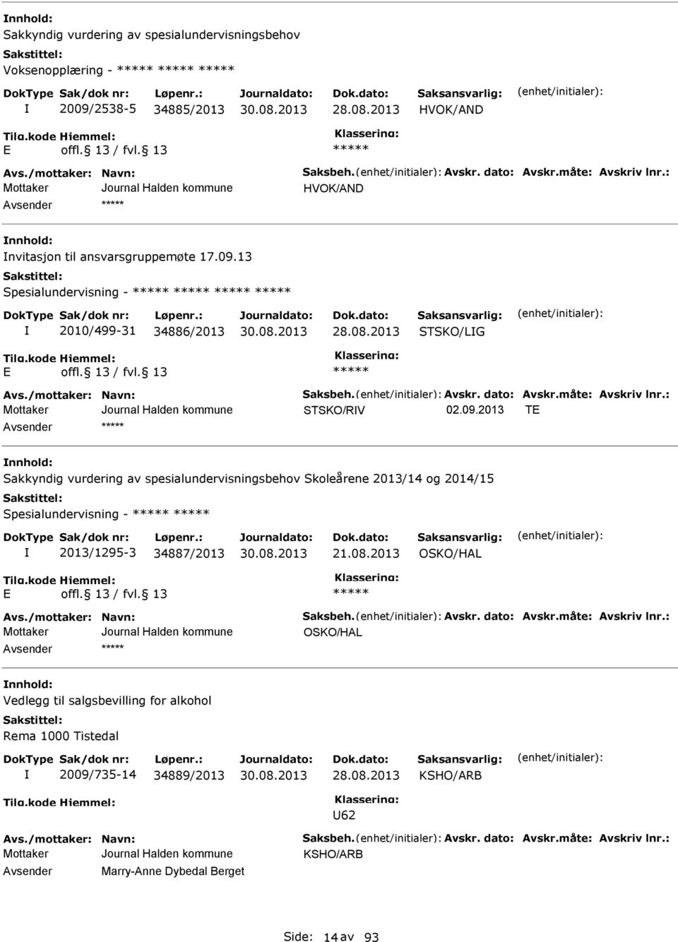 : STSKO/RV T nnhold: Sakkyndig vurdering av spesialundervisningsbehov Skoleårene 2013/14 og 2014/15 Spesialundervisning - 2013/1295-3 34887/2013 21.08.2013 OSKO/HAL Avs./mottaker: Navn: Saksbeh.