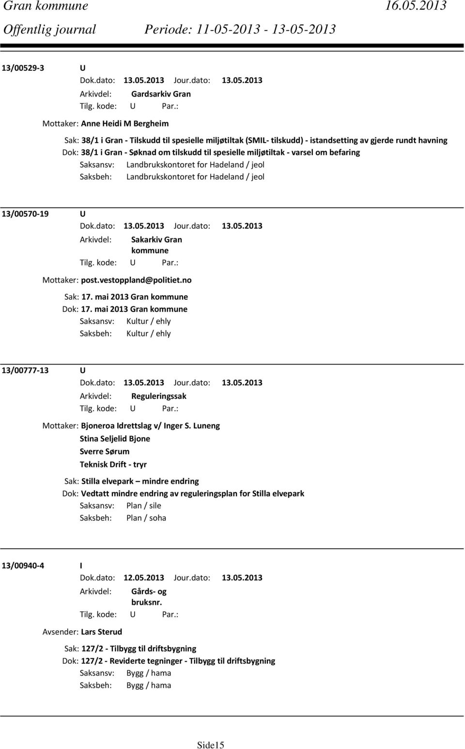 Søknad om tilskudd til spesielle miljøtiltak varsel om befaring Saksansv: Landbrukskontoret for Hadeland / jeol Saksbeh: Landbrukskontoret for Hadeland / jeol 13/00570 19 U Mottaker: post.