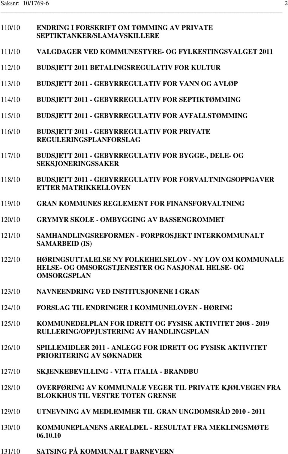 2011 - GEBYRREGULATIV FOR PRIVATE REGULERINGSPLANFORSLAG 117/10 BUDSJETT 2011 - GEBYRREGULATIV FOR BYGGE-, DELE- OG SEKSJONERINGSSAKER 118/10 BUDSJETT 2011 - GEBYRREGULATIV FOR FORVALTNINGSOPPGAVER