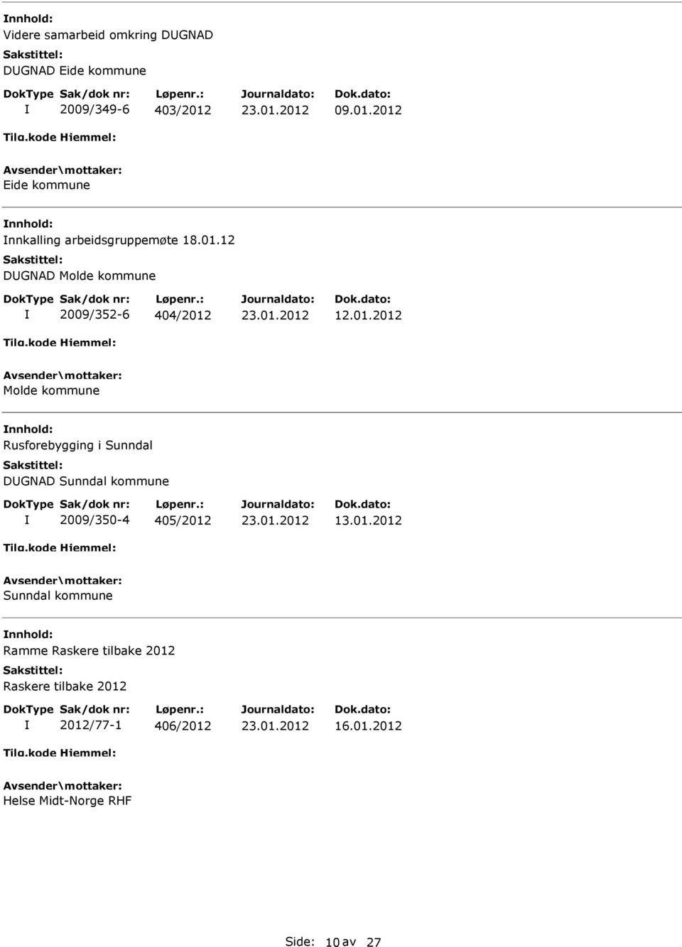 01.2012 Molde kommune Rusforebygging i Sunndal DGNAD Sunndal kommune 2009/350-4 405/2012 13.01.2012 Sunndal kommune Ramme Raskere tilbake 2012 Raskere tilbake 2012 2012/77-1 406/2012 16.