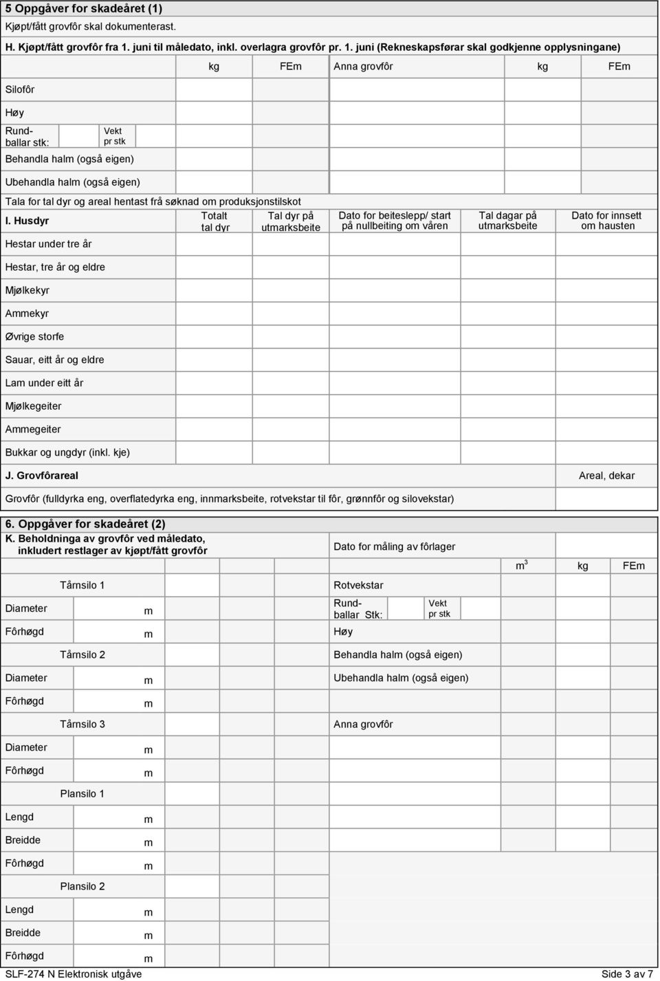 juni (Rekneskapsførar skal godkjenne opplysningane) Silofôr Høy Rundballar stk: Vekt pr stk Behandla hal (også eigen) Ubehandla hal (også eigen) kg FE kg FE Tala for tal dyr og areal hentast frå