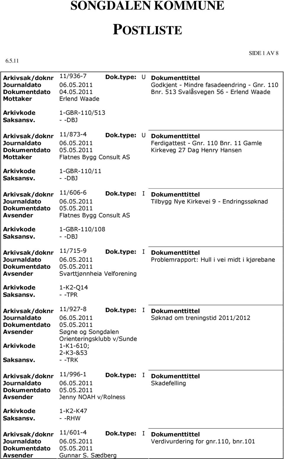 11 Gamle Kirkeveg 27 Dag Henry Hansen Mottaker Flatnes Bygg Consult AS 1-GBR-110/11 - -DBJ Arkivsak/doknr 11/606-6 Tilbygg Nye Kirkevei 9 - Endringssøknad Avsender Flatnes Bygg Consult AS