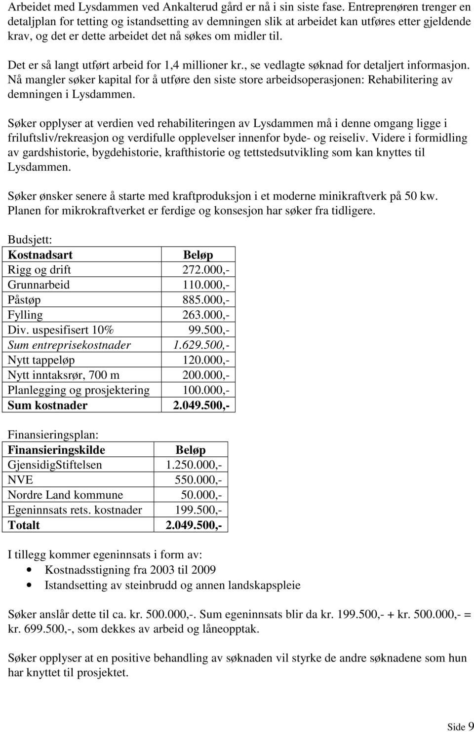 Det er så langt utført arbeid for 1,4 millioner kr., se vedlagte søknad for detaljert informasjon.