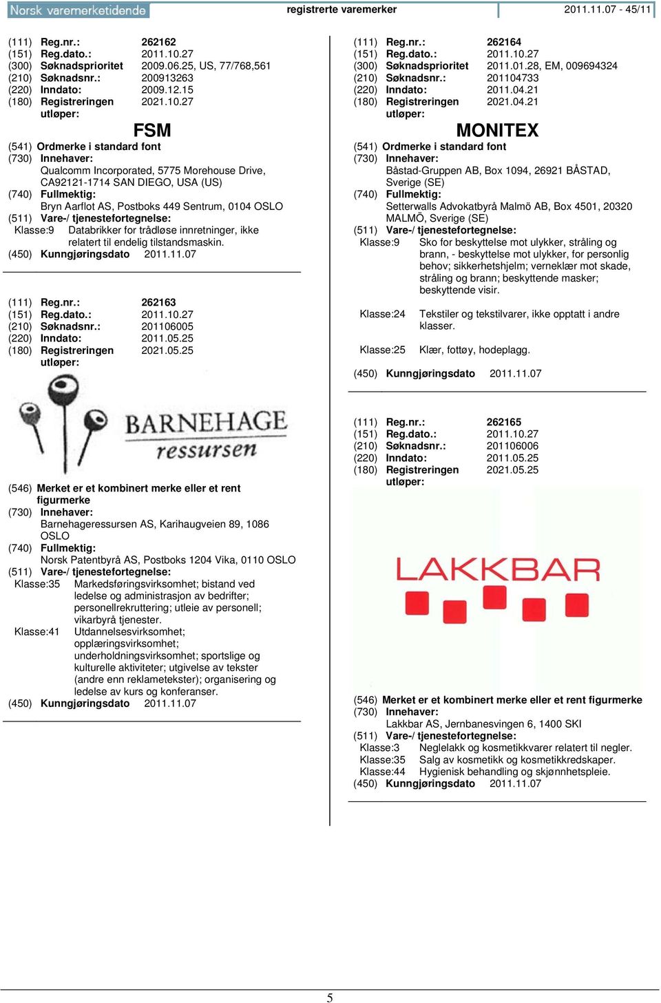 til endelig tilstandsmaskin. (111) Reg.nr.: 262163 (151) Reg.dato.: 2011.10.27 (210) Søknadsnr.: 201106005 (220) Inndato: 2011.05.25 2021.05.25 (111) Reg.nr.: 262164 (151) Reg.dato.: 2011.10.27 (300) Søknadsprioritet 2011.