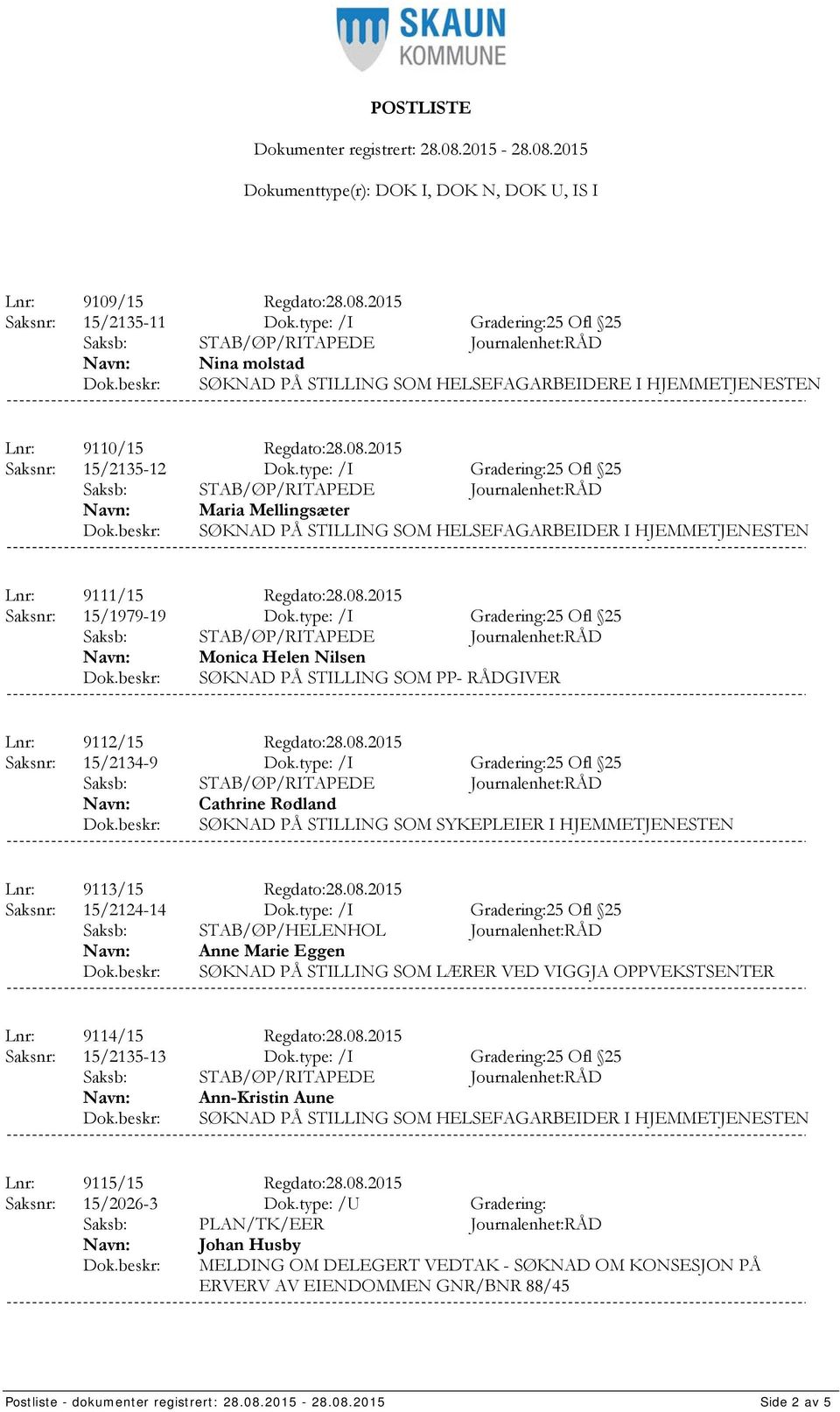 type: /I Gradering:25 Ofl 25 Monica Helen Nilsen SØKNAD PÅ STILLING SOM PP- RÅDGIVER Lnr: 9112/15 Regdato:28.08.2015 Saksnr: 15/2134-9 Dok.