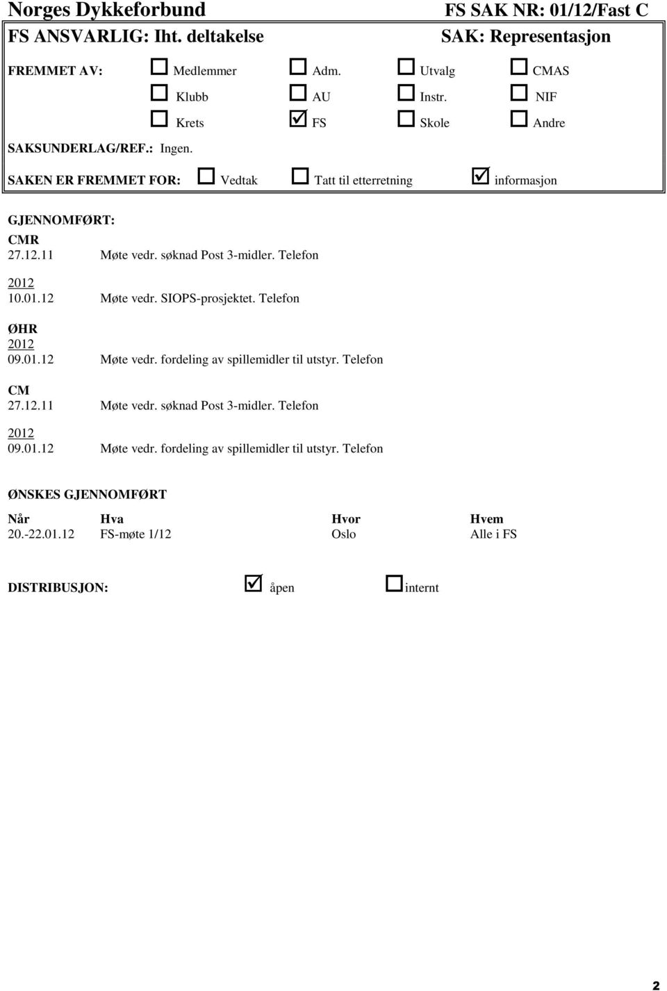 SAKEN ER FREMMET FOR: Vedtak Tatt til etterretning informasjon GJENNOMFØRT: CMR 27.12.11 Møte vedr. søknad Post 3-midler. Telefon 10.